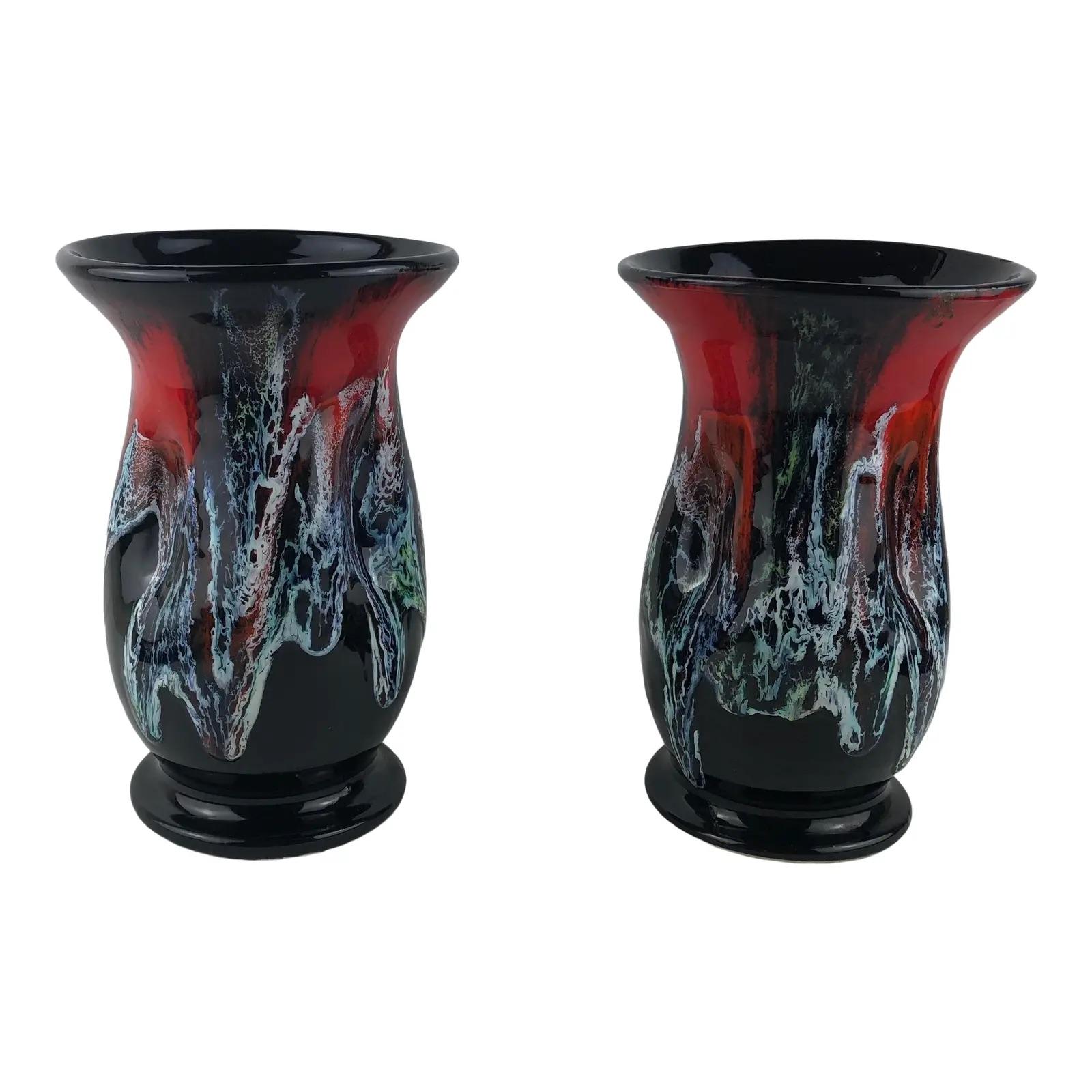 20th Century Pair of French Mid-Century Fat Lava Style Ceramic Vases, Manner of Charles Cart For Sale
