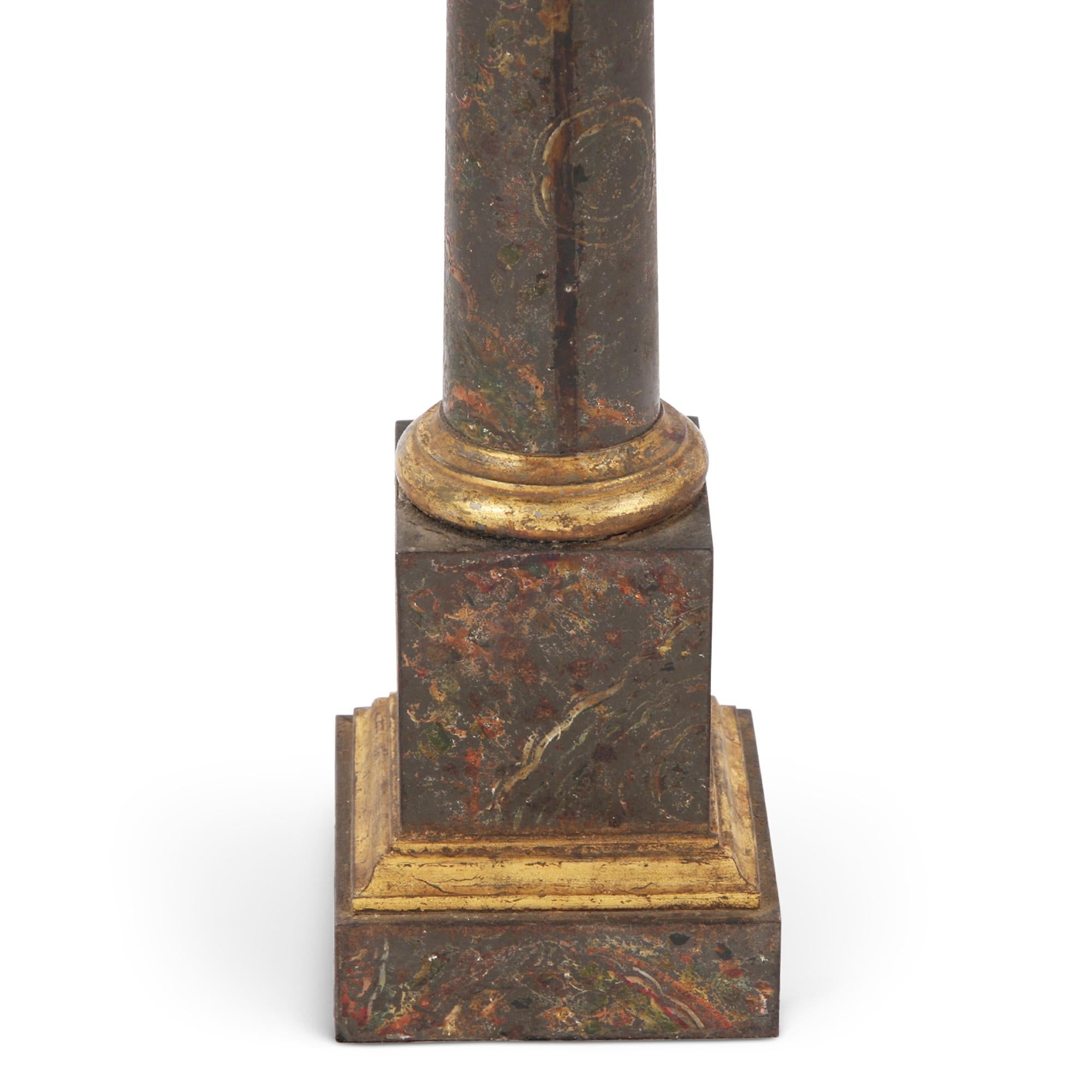 This fantastic pair of faux marble table lamps dates back to mid-20th century France. 

(Height to fitting is 42.5cm, and height to shade is 49cm).