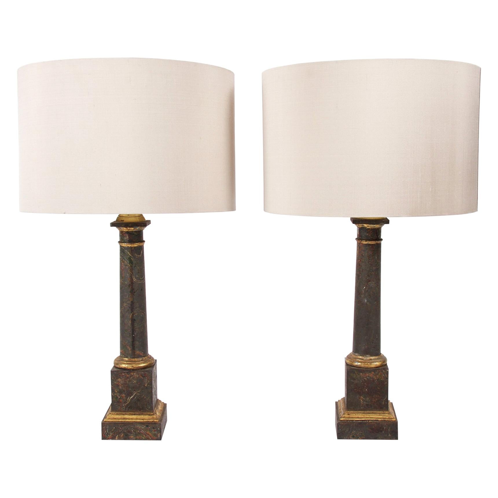 Pair of French Midcentury Faux Marble Table Lamps For Sale