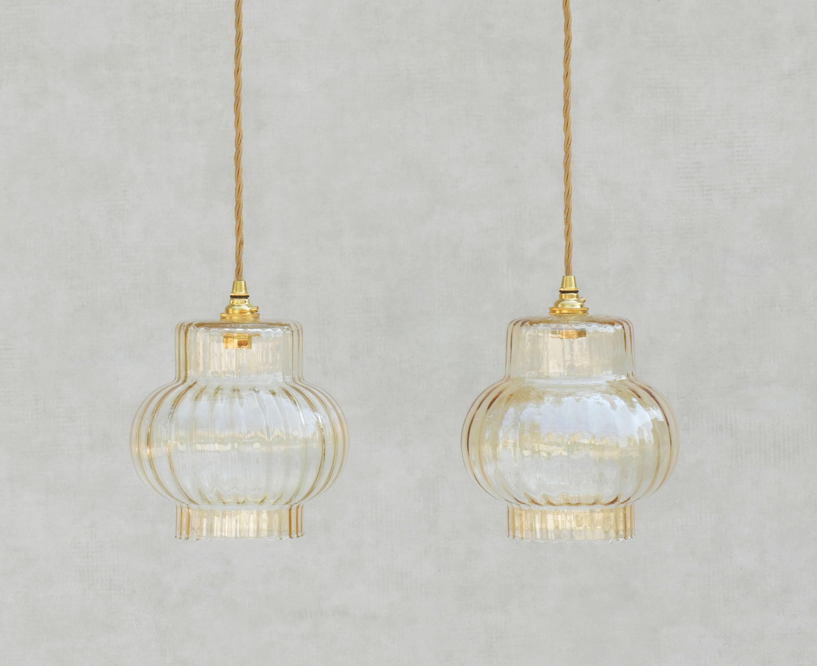 Mid-Century Modern Pair French Mid Century Fluted Golden Amber Glass Pendant Lights FREE SHIPPING
