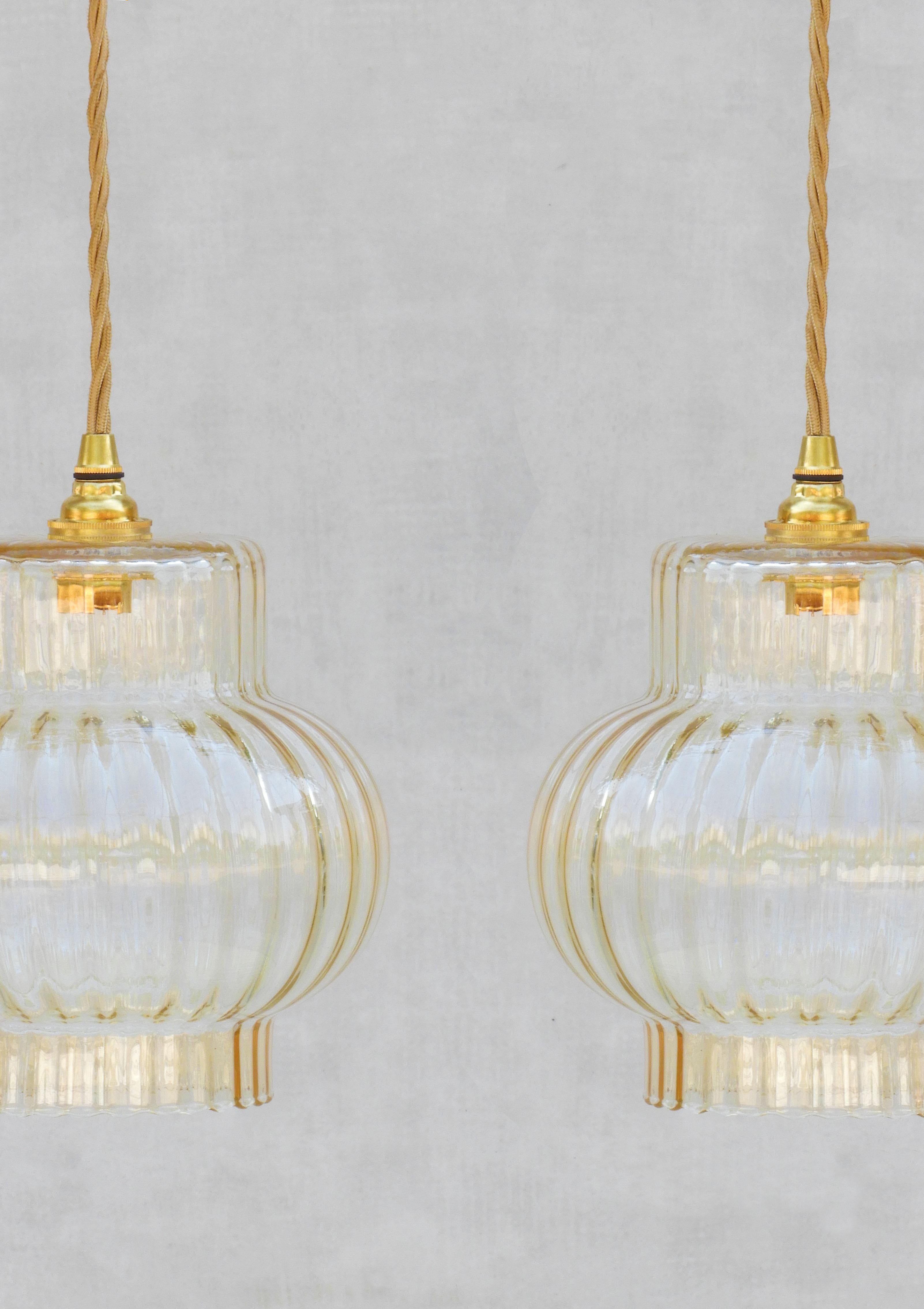 20th Century Pair French Mid Century Fluted Golden Amber Glass Pendant Lights FREE SHIPPING