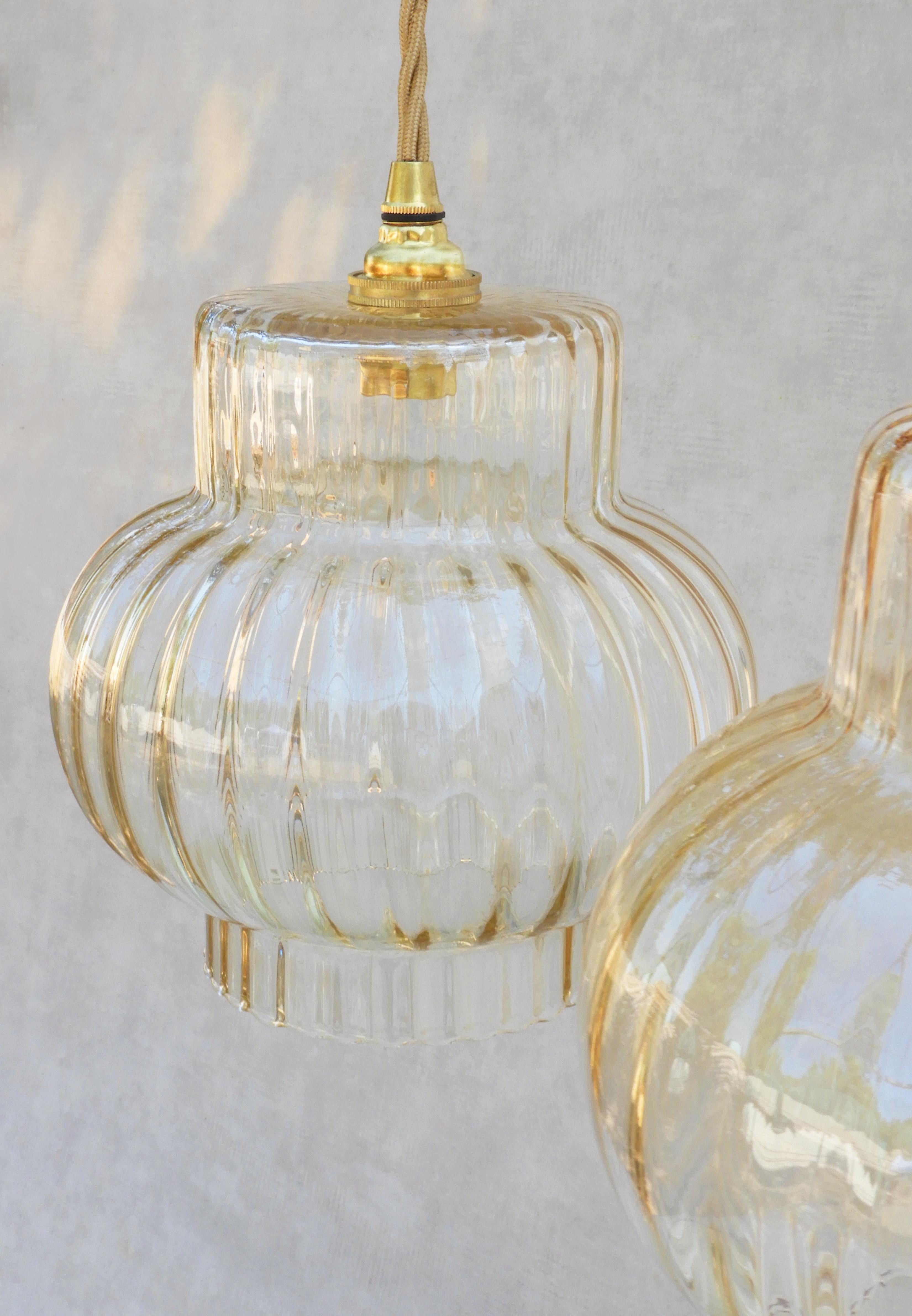 Blown Glass Pair French Mid Century Fluted Golden Amber Glass Pendant Lights FREE SHIPPING