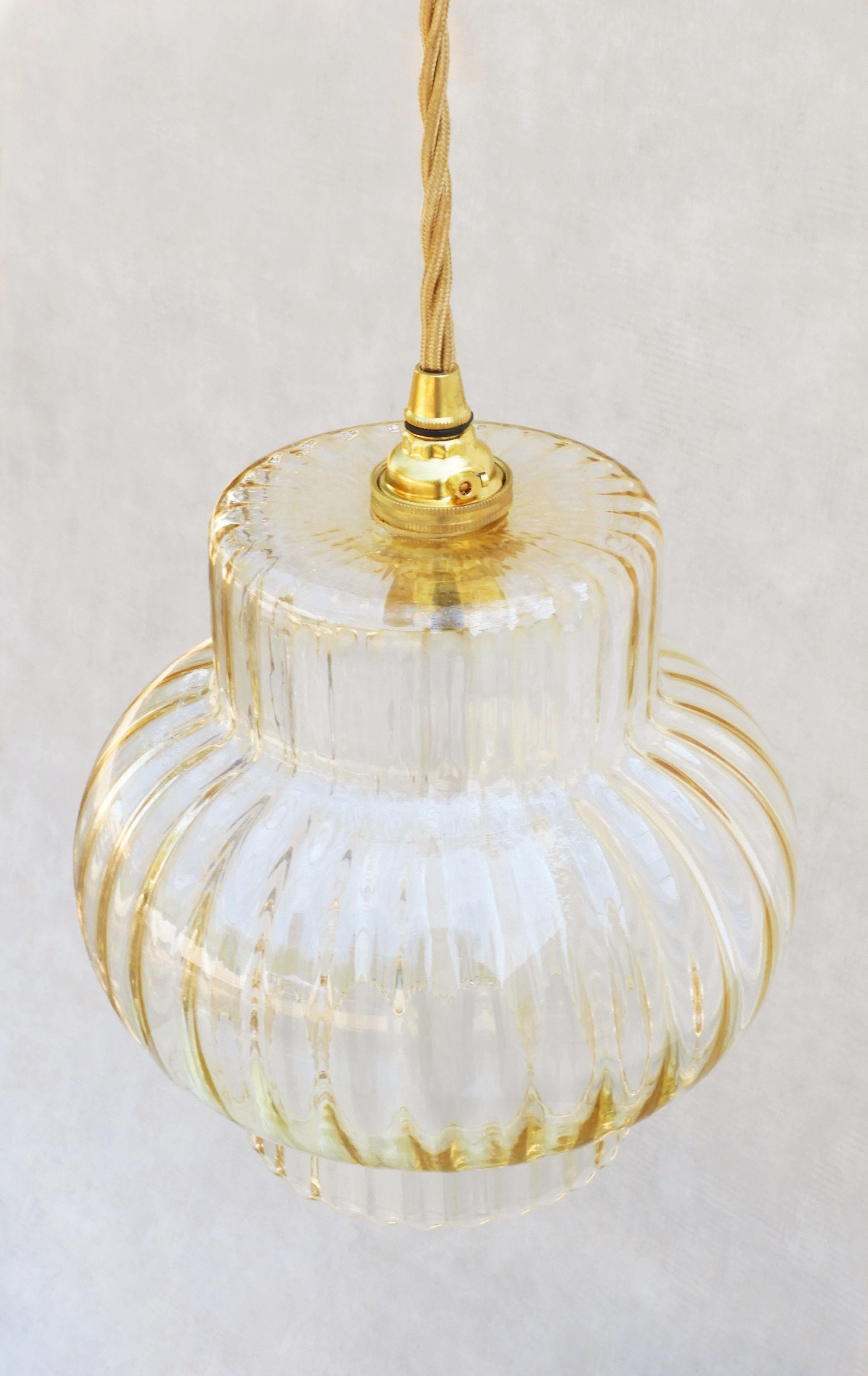 Pair French Mid Century Fluted Golden Amber Glass Pendant Lights FREE SHIPPING 1