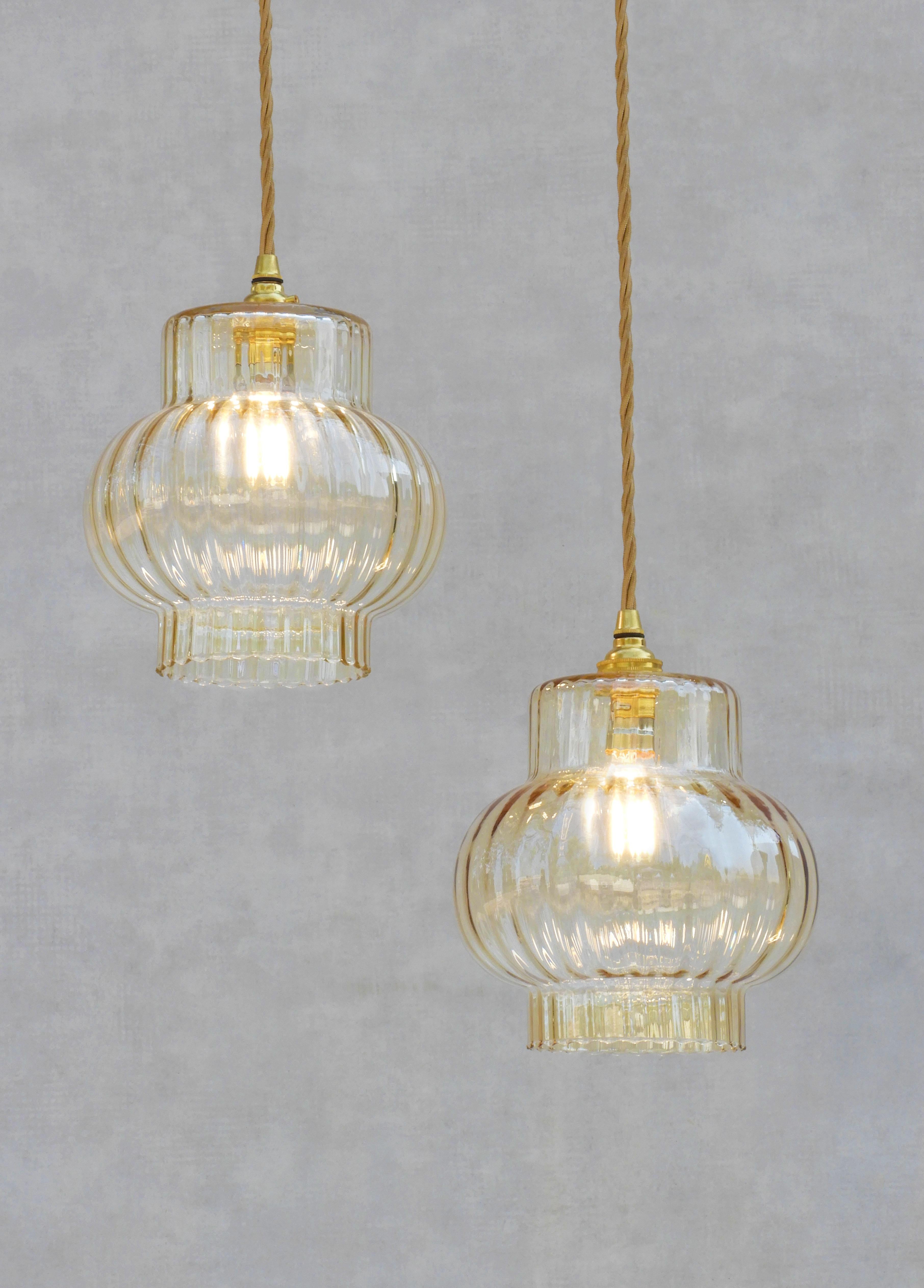 Pair French Mid Century Fluted Golden Amber Glass Pendant Lights FREE SHIPPING 2