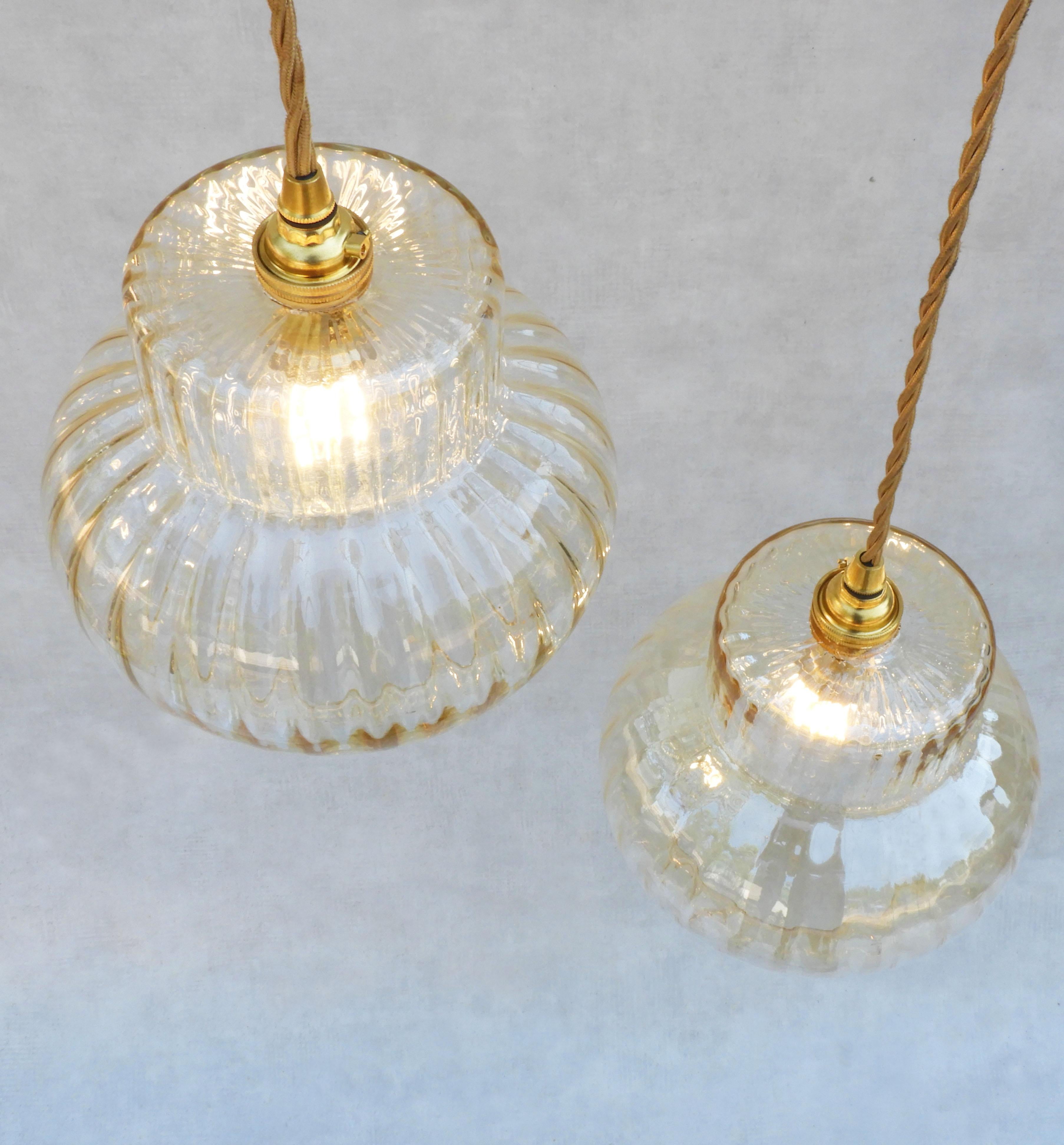 Pair French Mid Century Fluted Golden Amber Glass Pendant Lights FREE SHIPPING 3