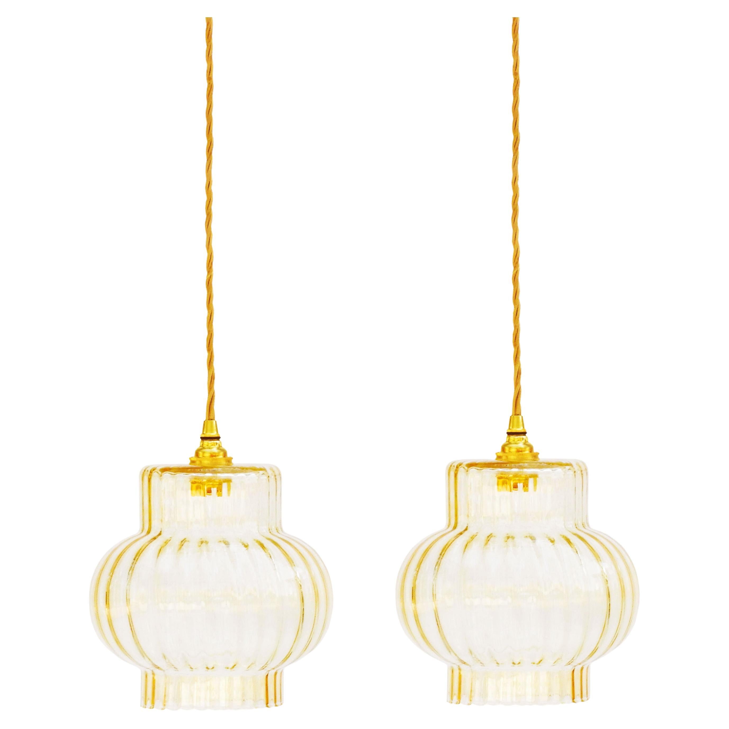 Pair French Mid Century Fluted Golden Amber Glass Pendant Lights FREE SHIPPING