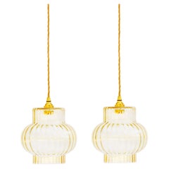 Pair of French Mid Century Fluted Golden Amber Glass Pendant Lights