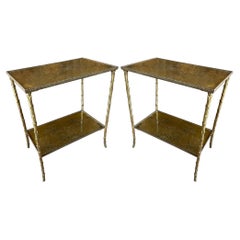 Pair of French Mid Century Gilt Bronze and Eglomise Glass Side Tables