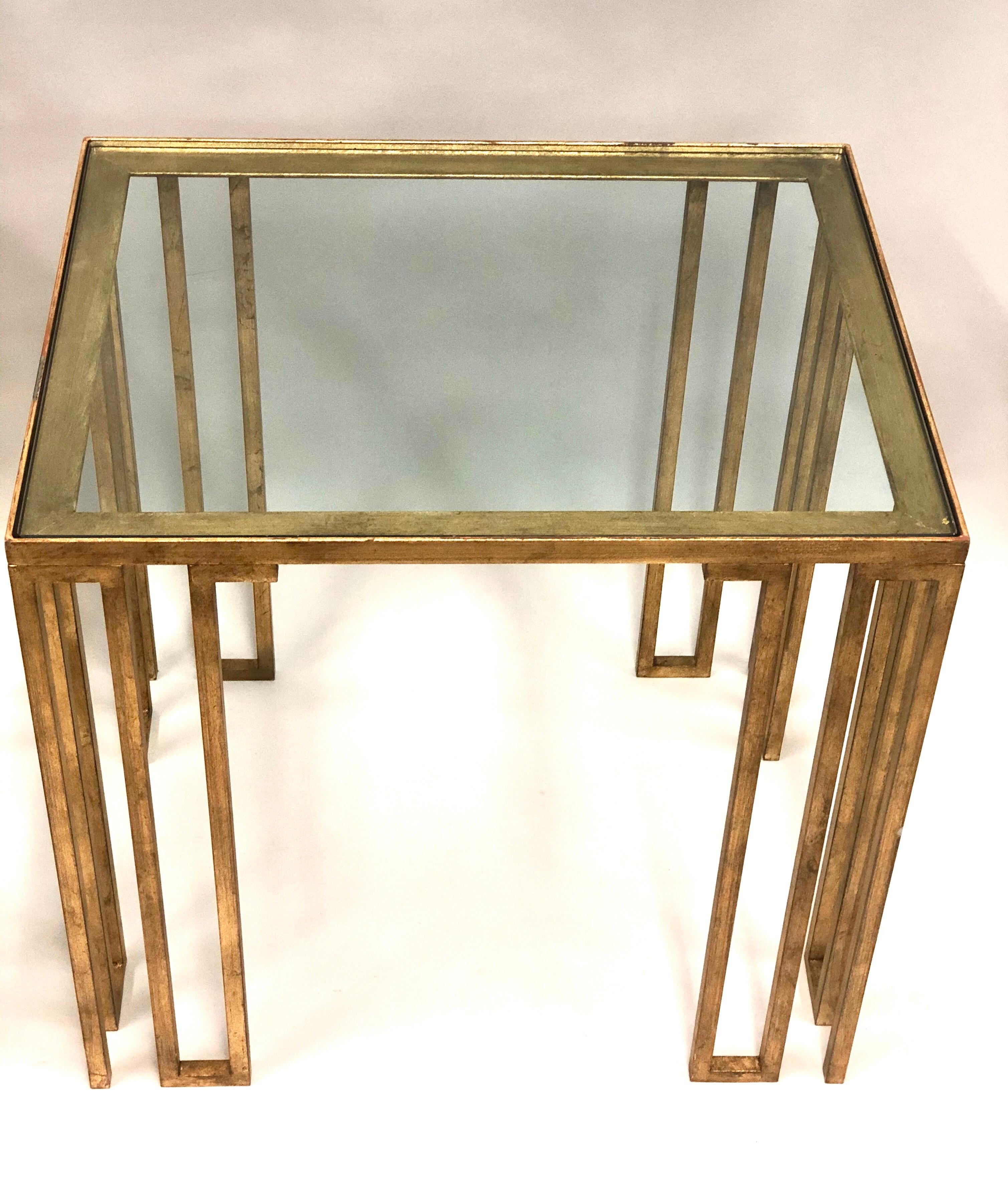 Mid-Century Modern Pair of French Midcentury Gilt Iron 'Creneaux'  Tables attributed to Jean Royère