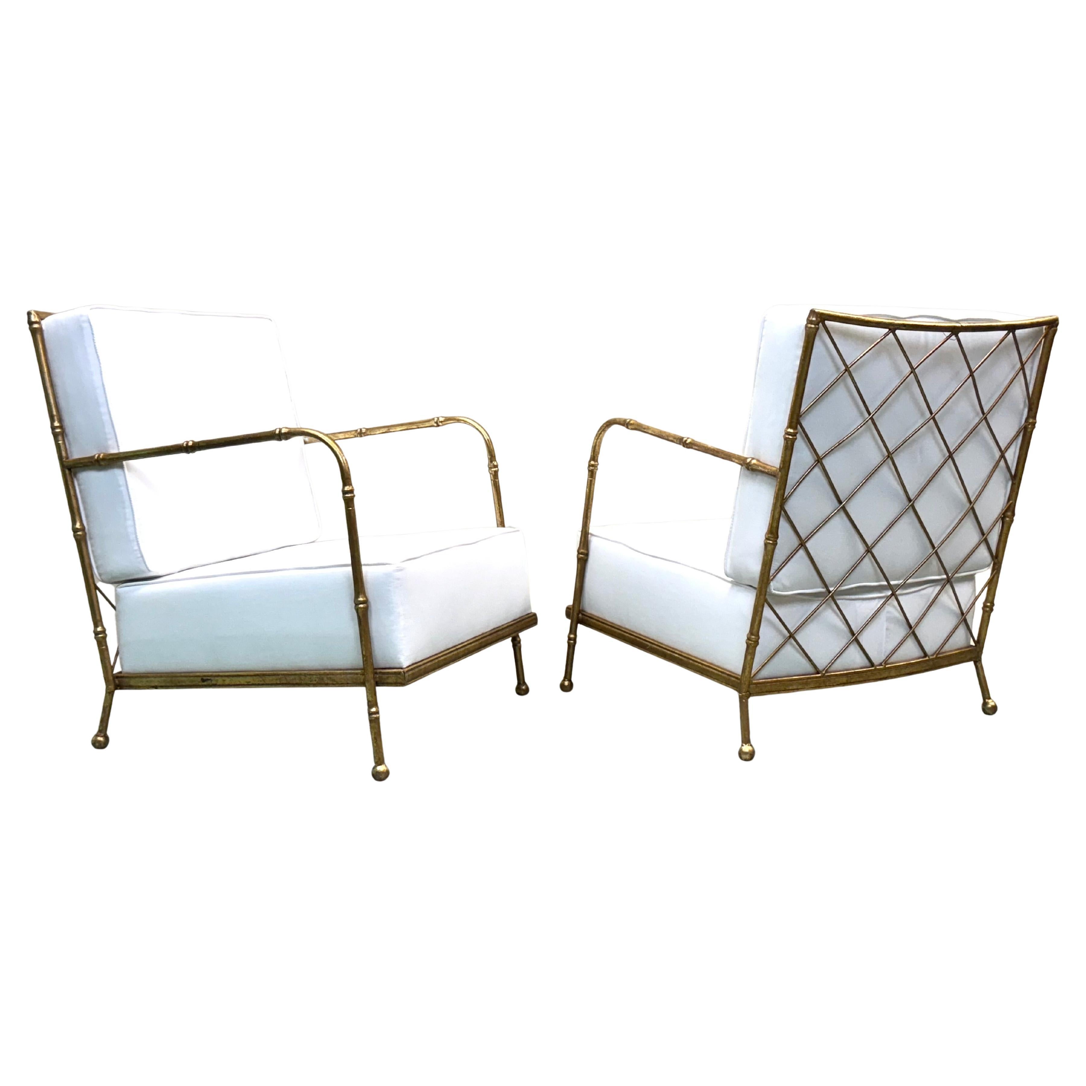 Pair of French Mid-century Gilt Iron Faux Bamboo Lounge Chairs, Jacques Adnet For Sale
