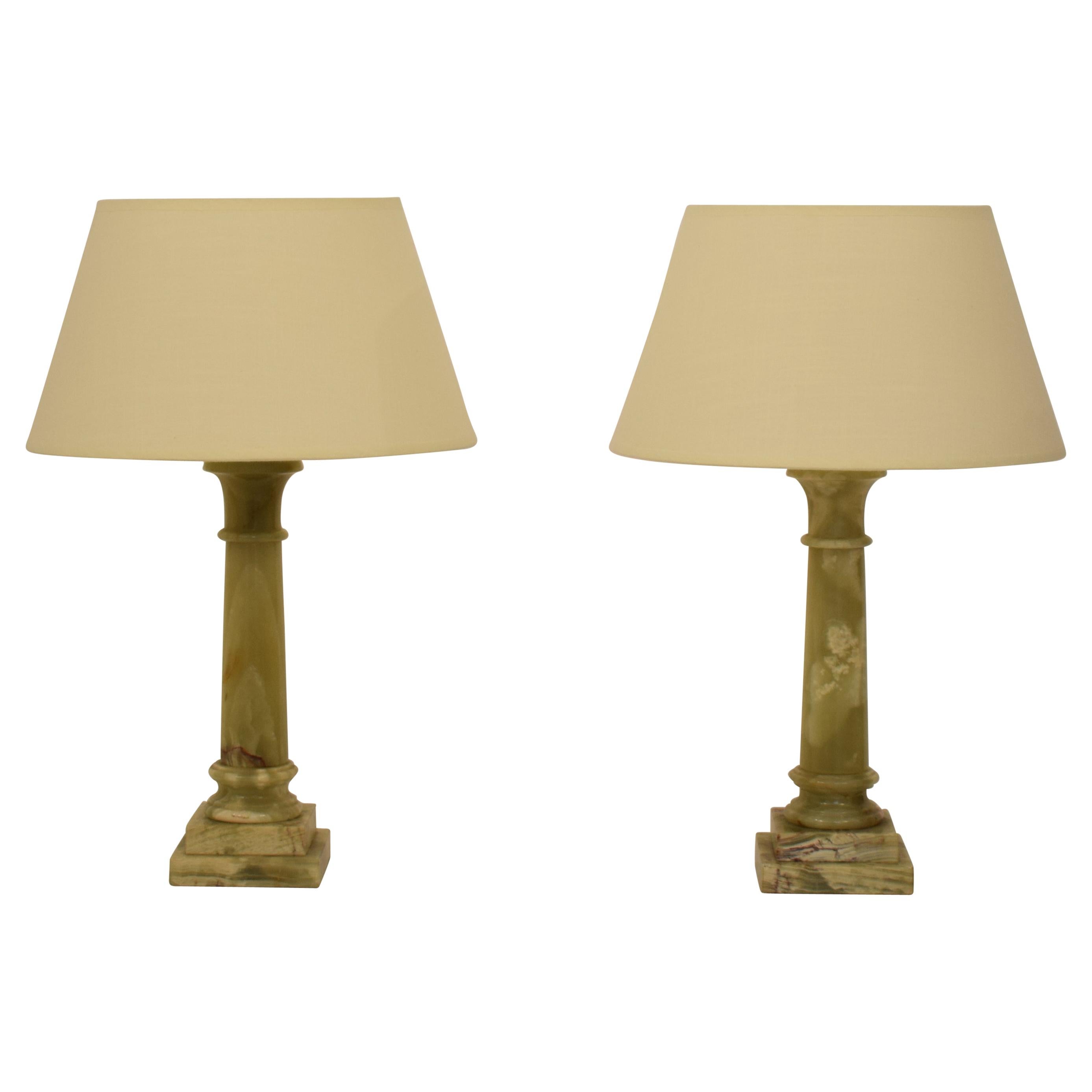 Pair of French Midcentury Green Alabaster Table Lamps, circa 1970