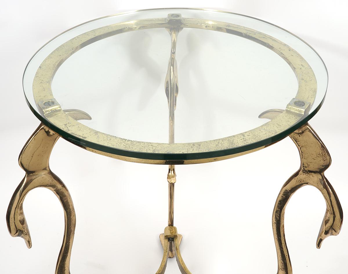 Hollywood Regency Pair of French Mid Century Hammered Bronze Swan Gueridon Glass Top Side Tables