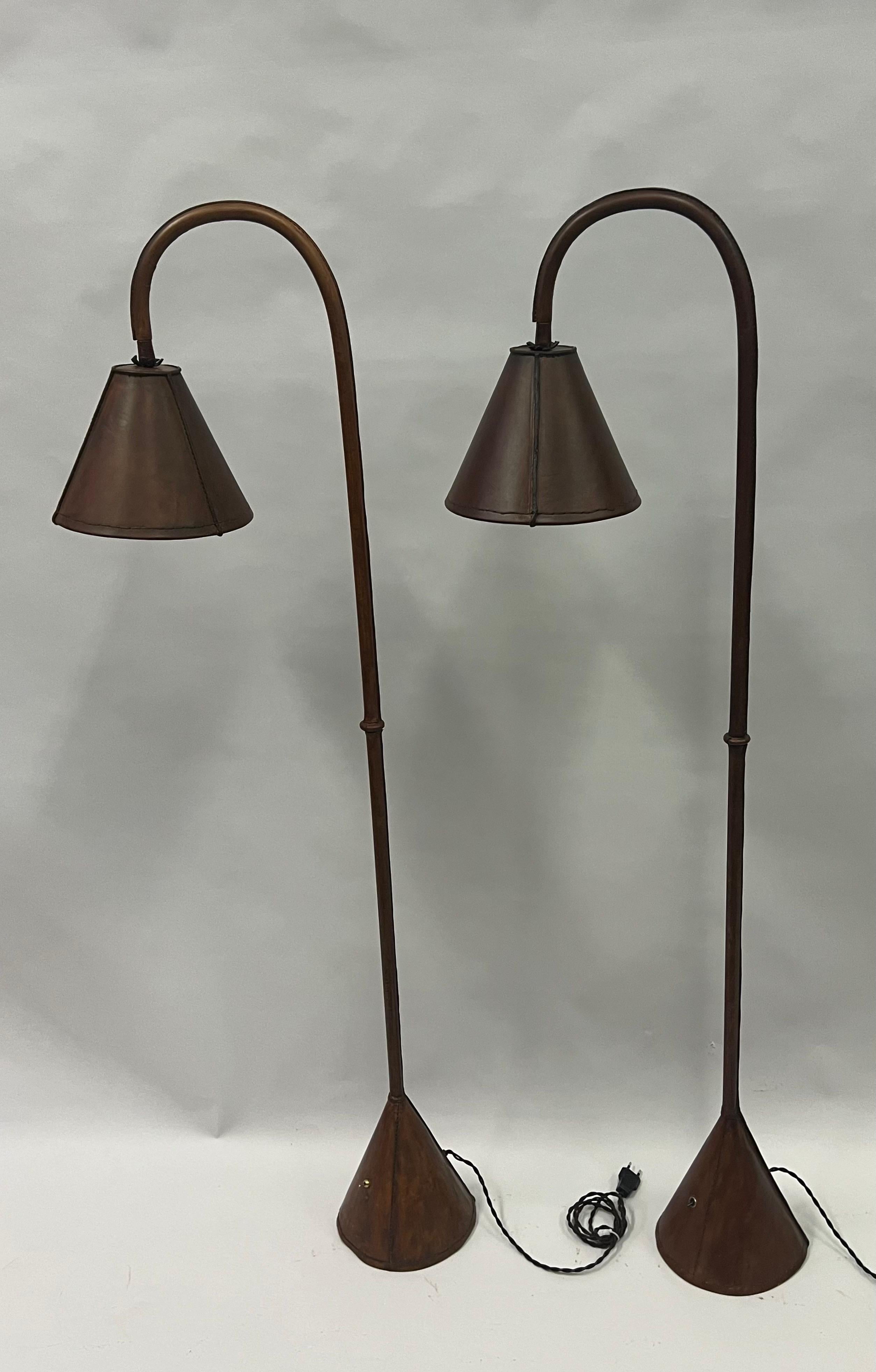 Mid-Century Modern Pair of French Mid-Century Hand-Stitched Leather Floor Lamps by Jacques Adnet For Sale