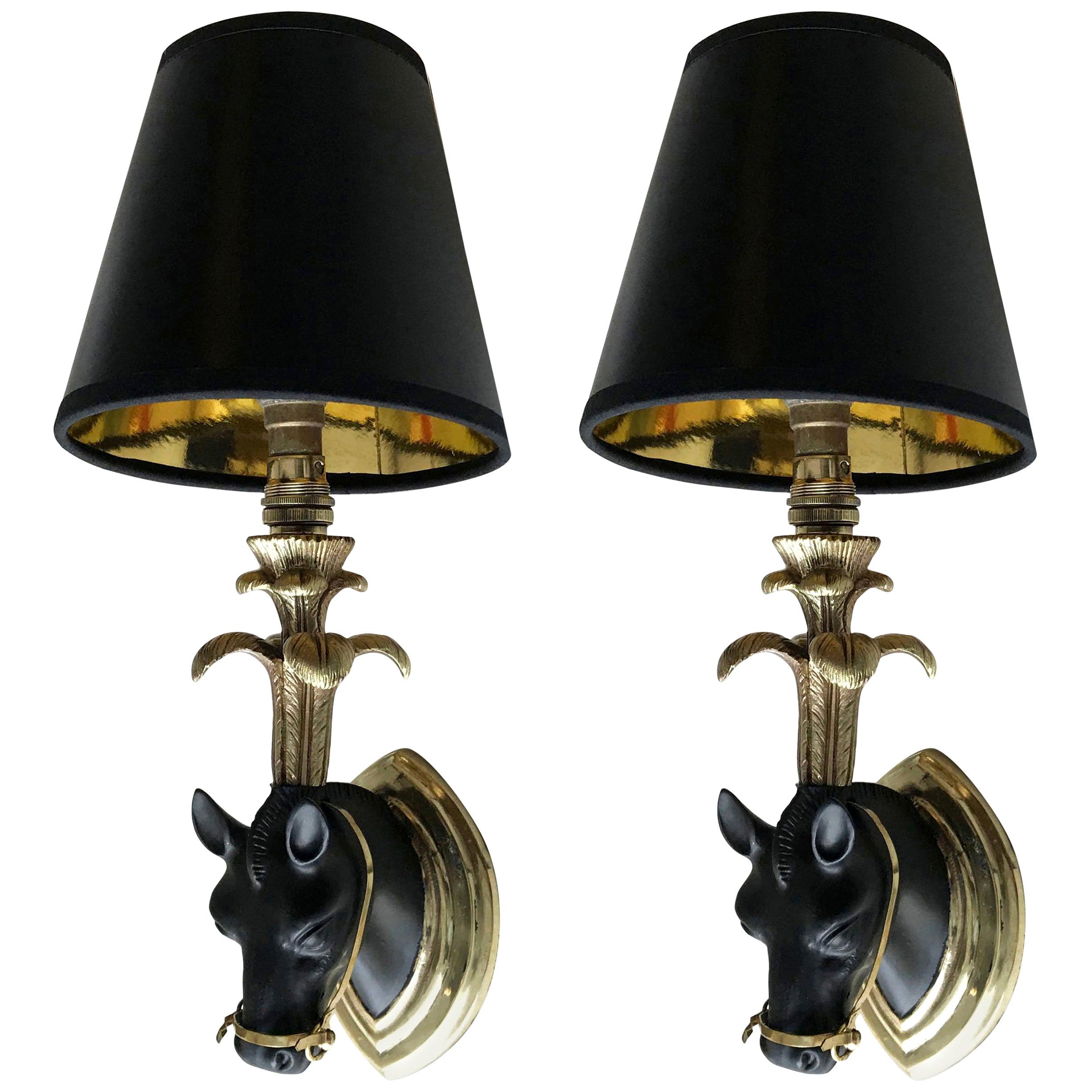 French Bronze Mid-Century Modern Horse Sconces, Wall Lights & Black Shades -Pair