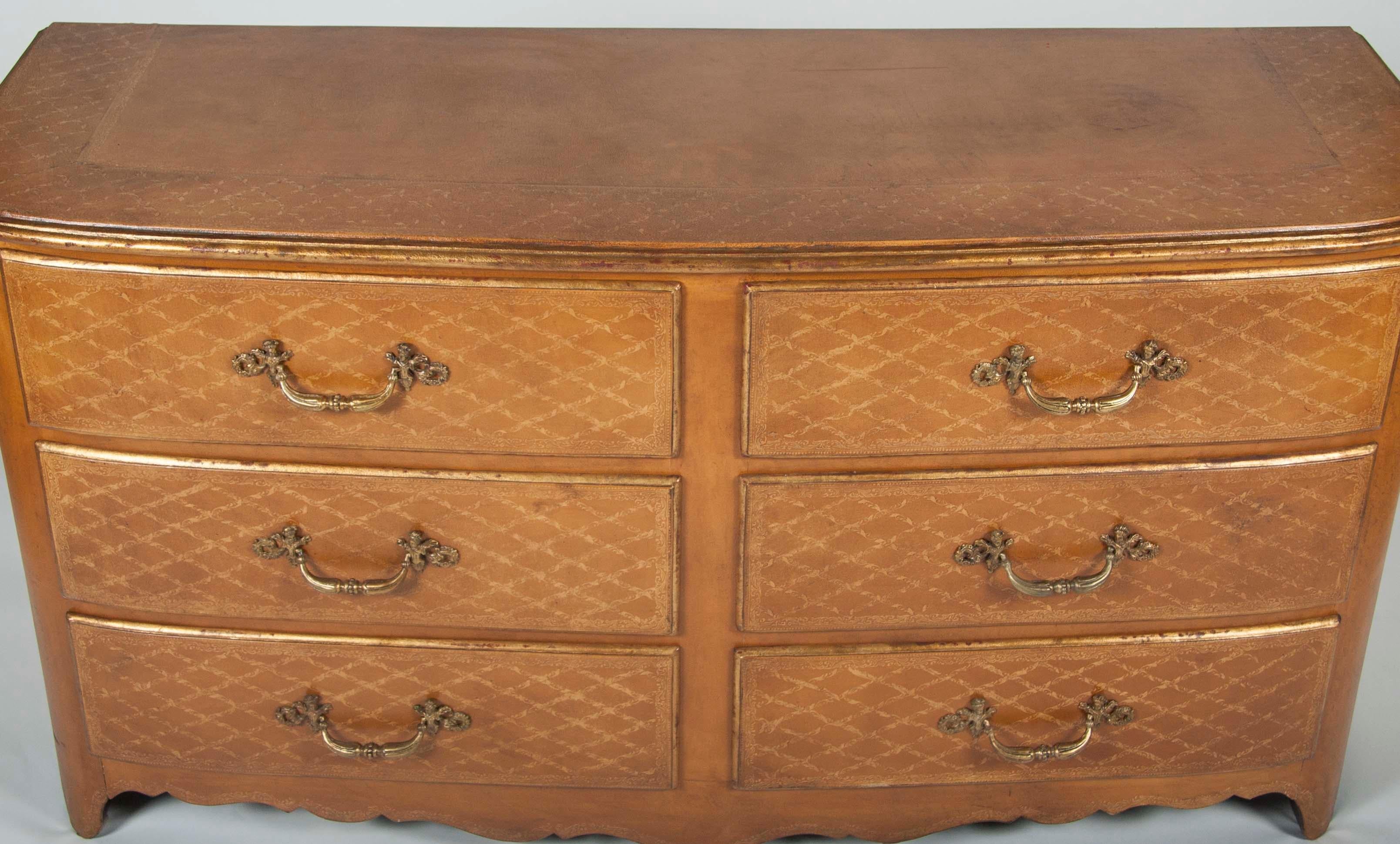 Pair of French Louis XVI Style Mid-Century Leather Covered Chests of Drawers For Sale 7
