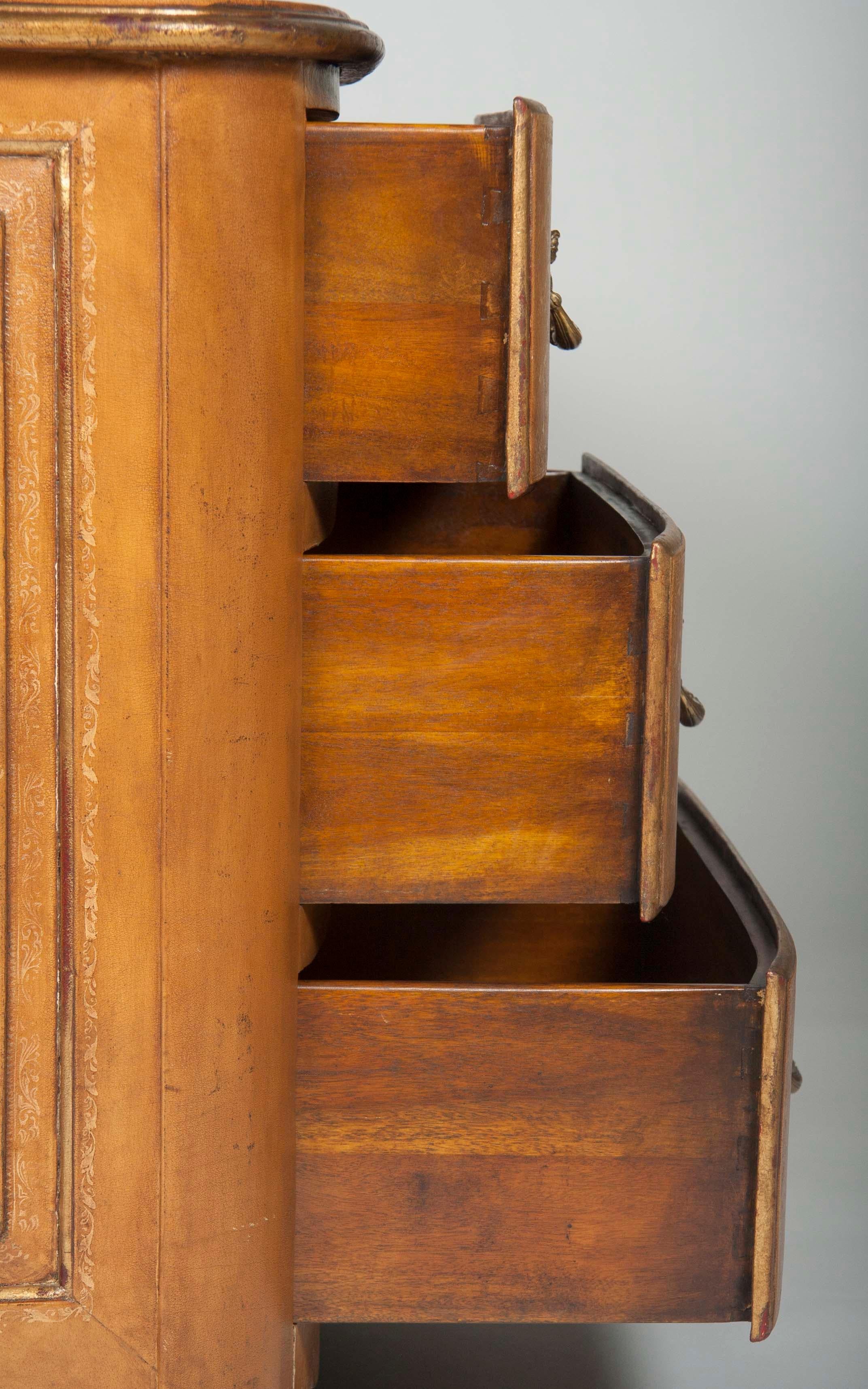 Pair of French Louis XVI Style Mid-Century Leather Covered Chests of Drawers 8