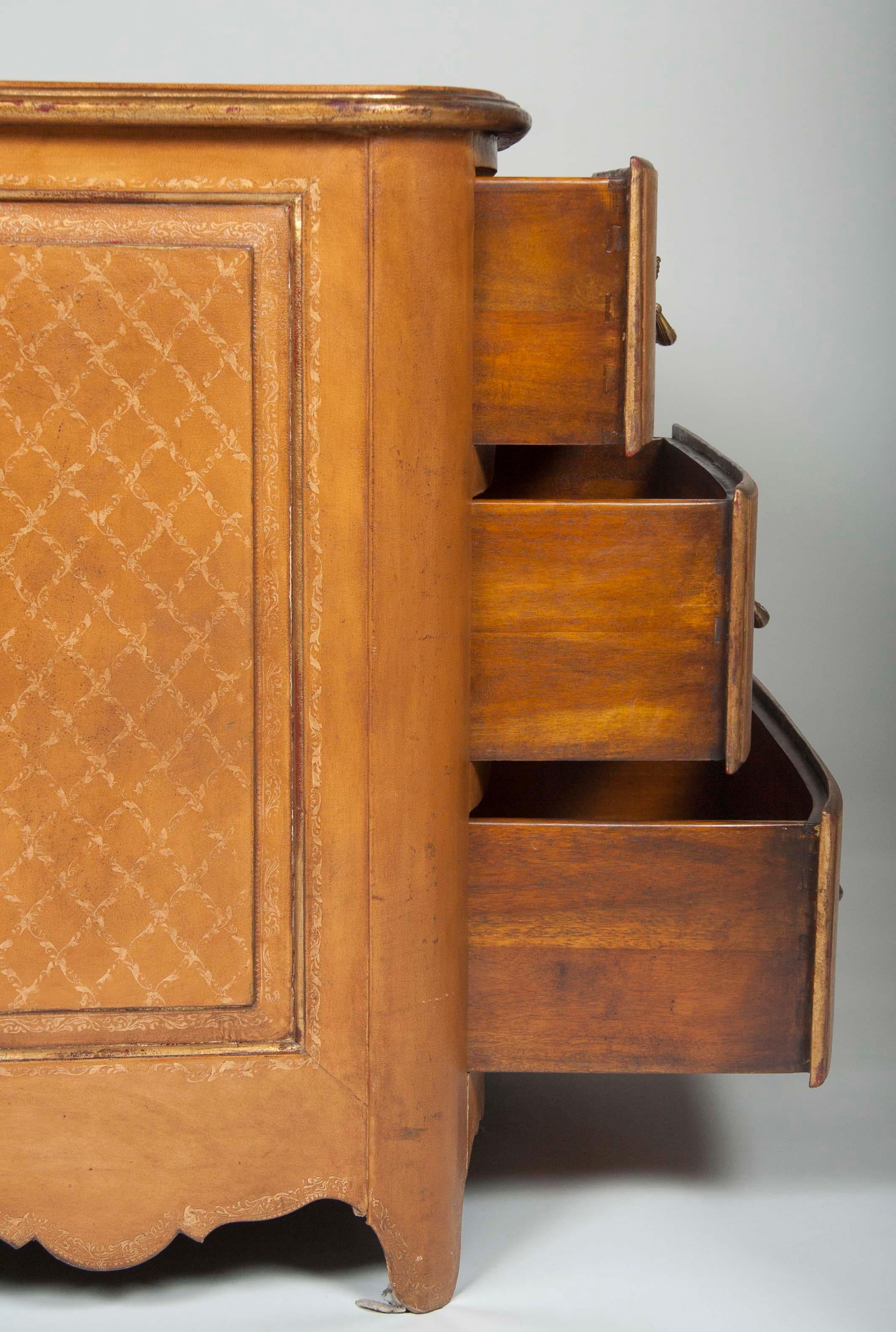 Pair of French Louis XVI Style Mid-Century Leather Covered Chests of Drawers For Sale 9