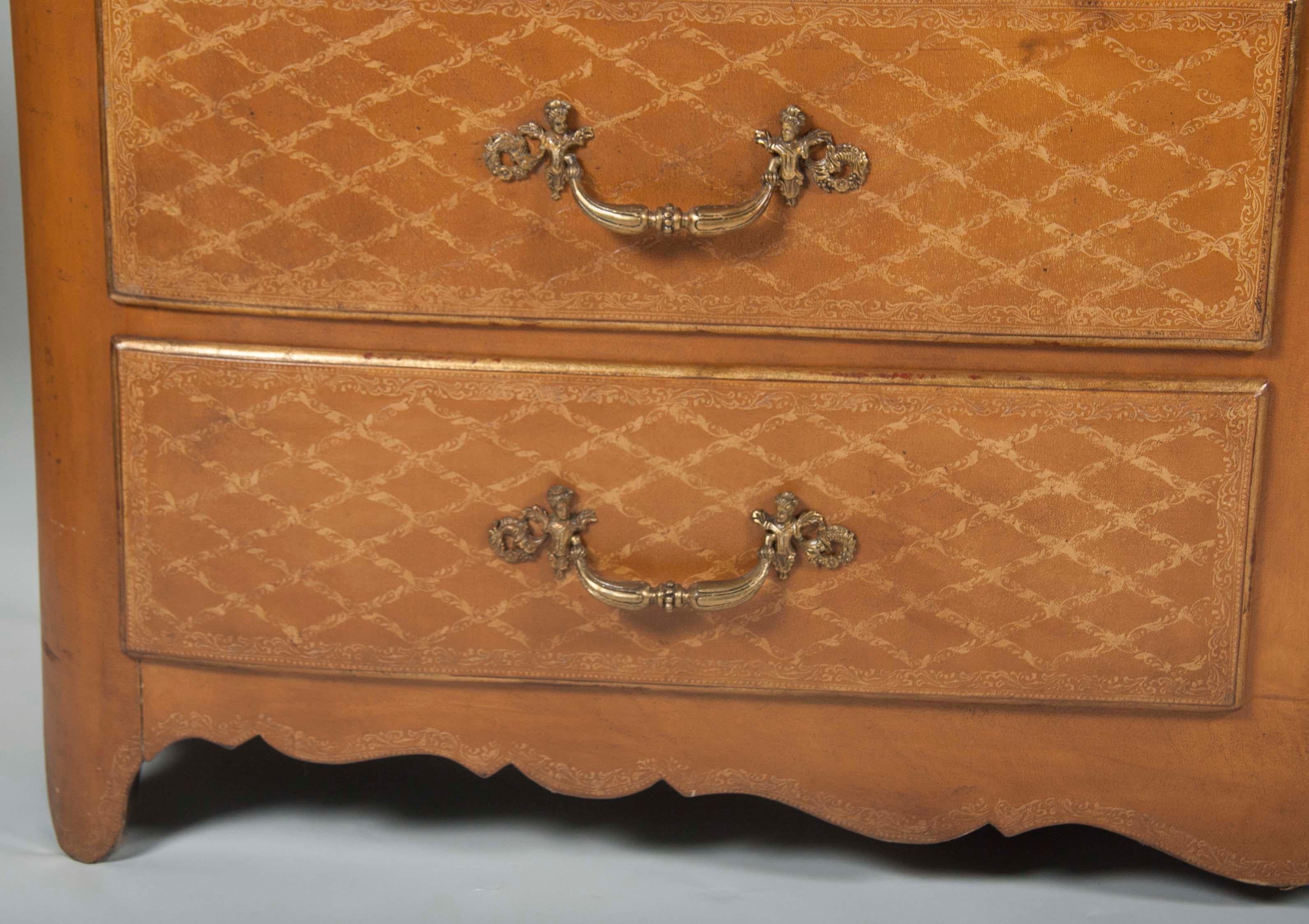 Pair of French Louis XVI Style Mid-Century Leather Covered Chests of Drawers For Sale 4