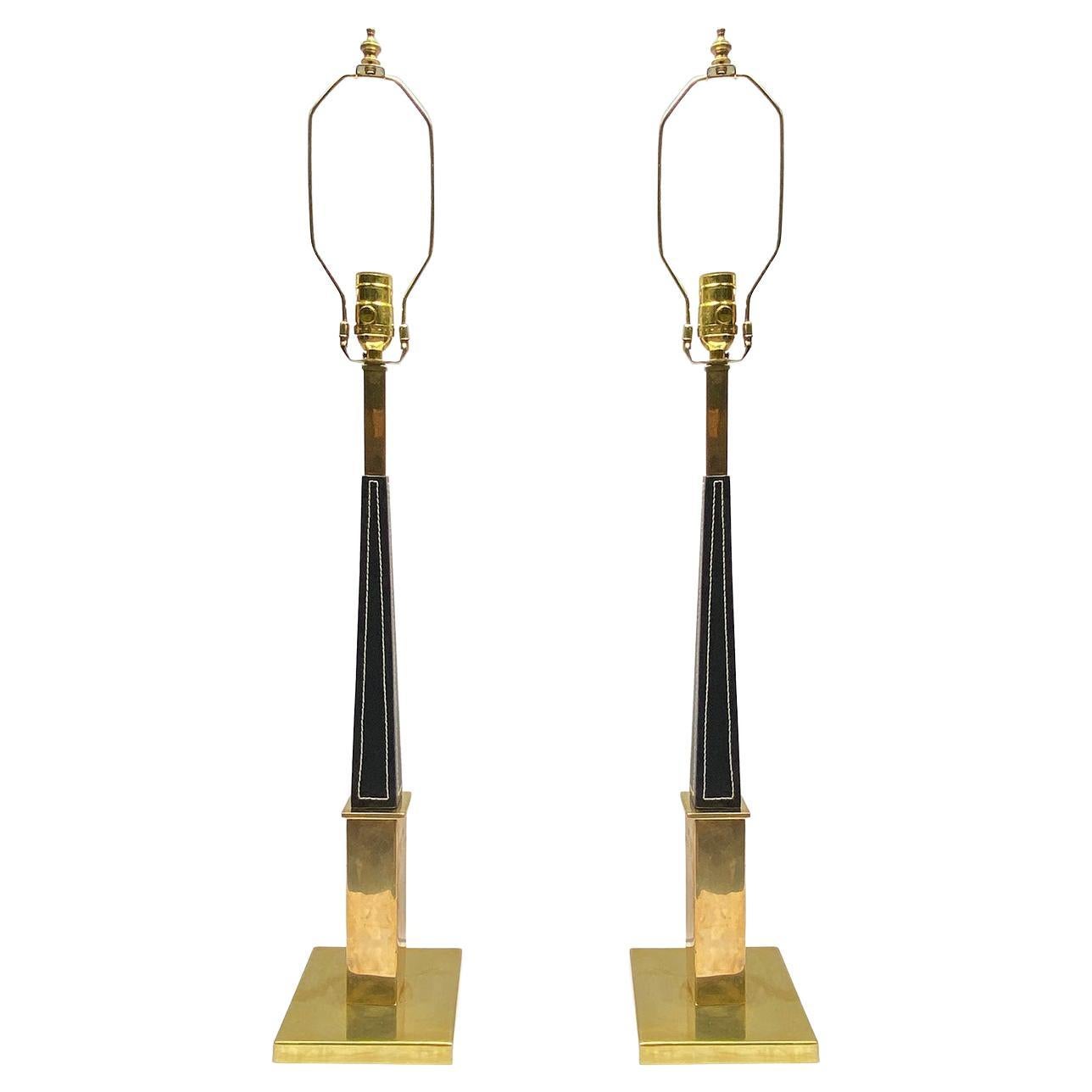 Pair of French Mid Century Leather Lamps For Sale