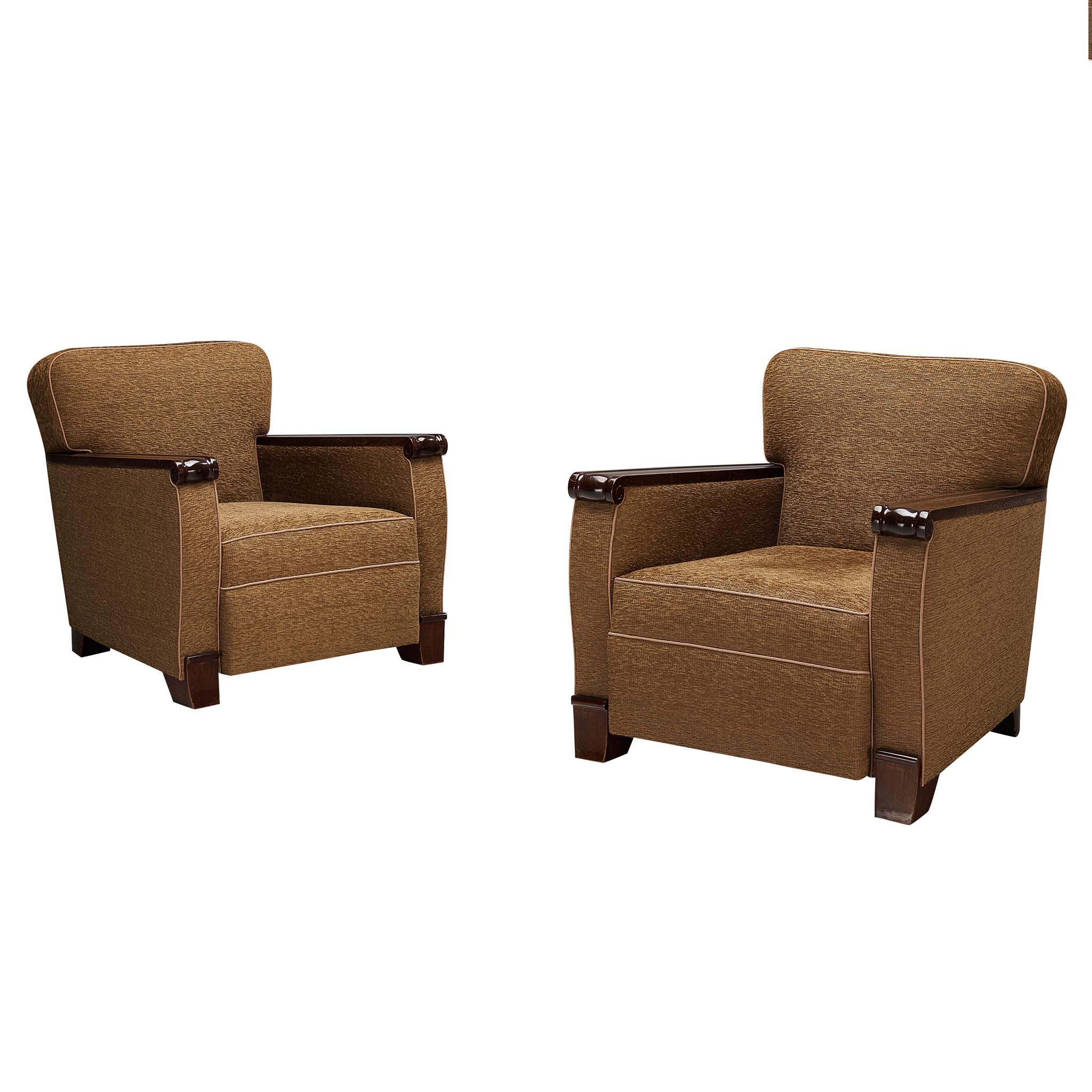Pair of French Mid-Century Lounge Chairs in Mahogany and Mocha Upholstery