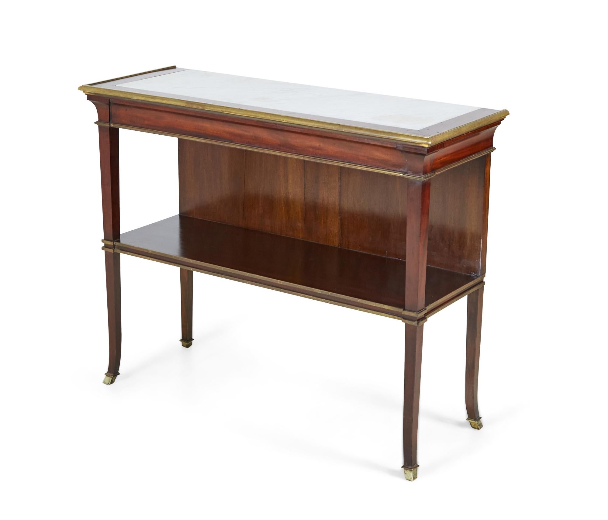 Mid-Century Modern Pair of French Mid-Century Mahogany and Marble Top Console Tables