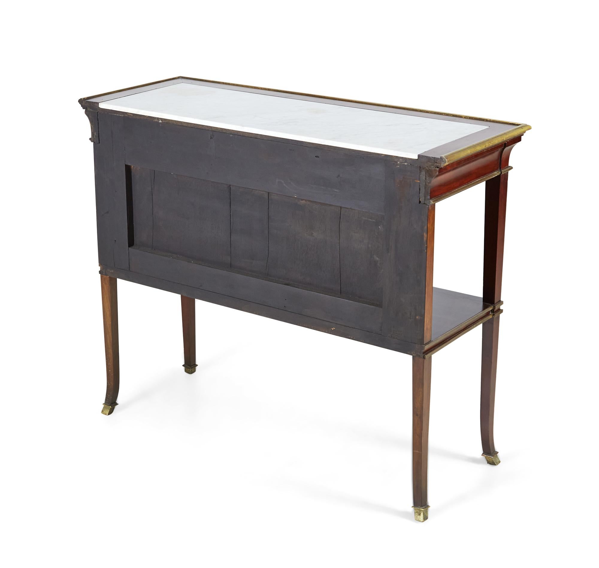 Bronze Pair of French Mid-Century Mahogany and Marble Top Console Tables