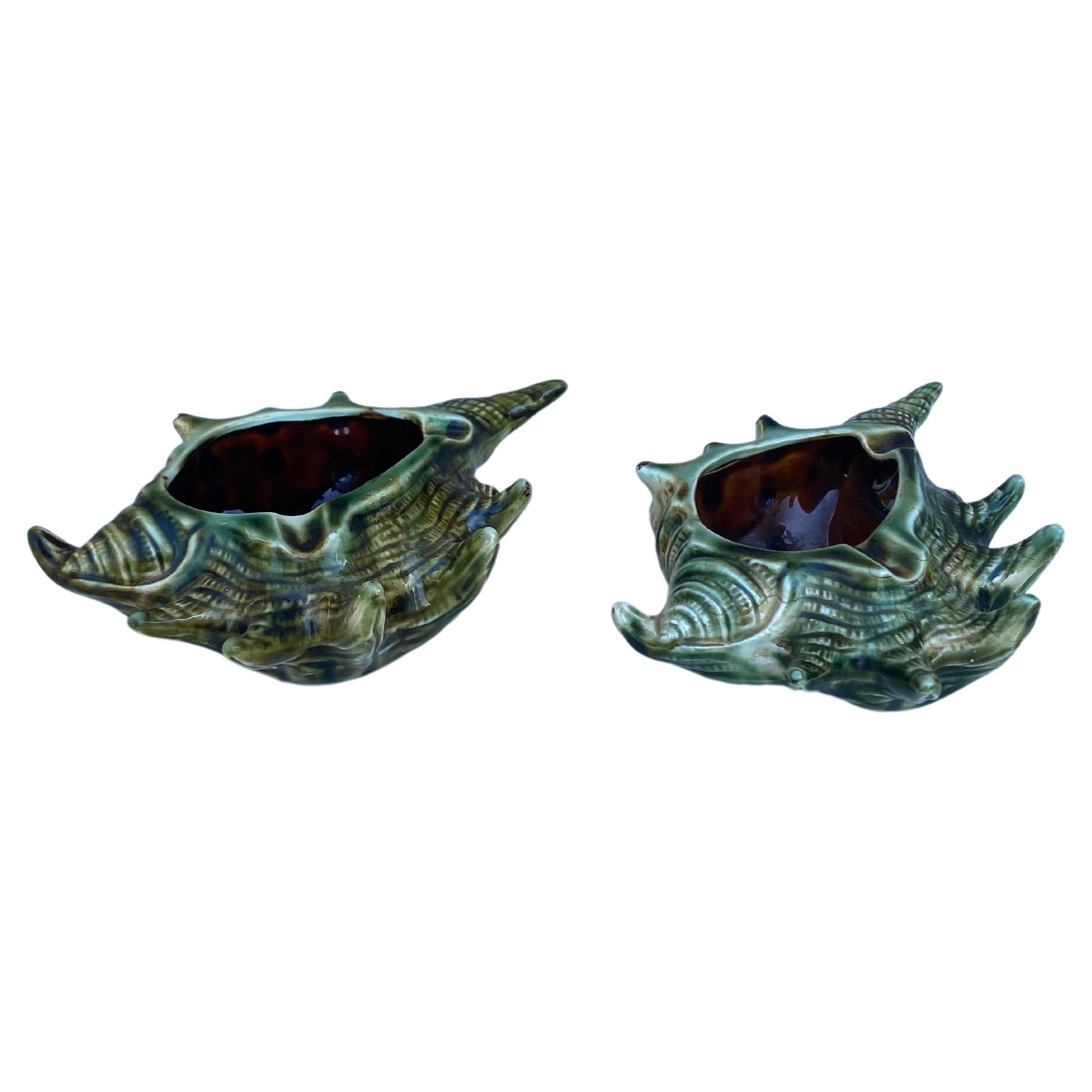 Pair of French mid-century Majolica Shell Catchall or ashtray.