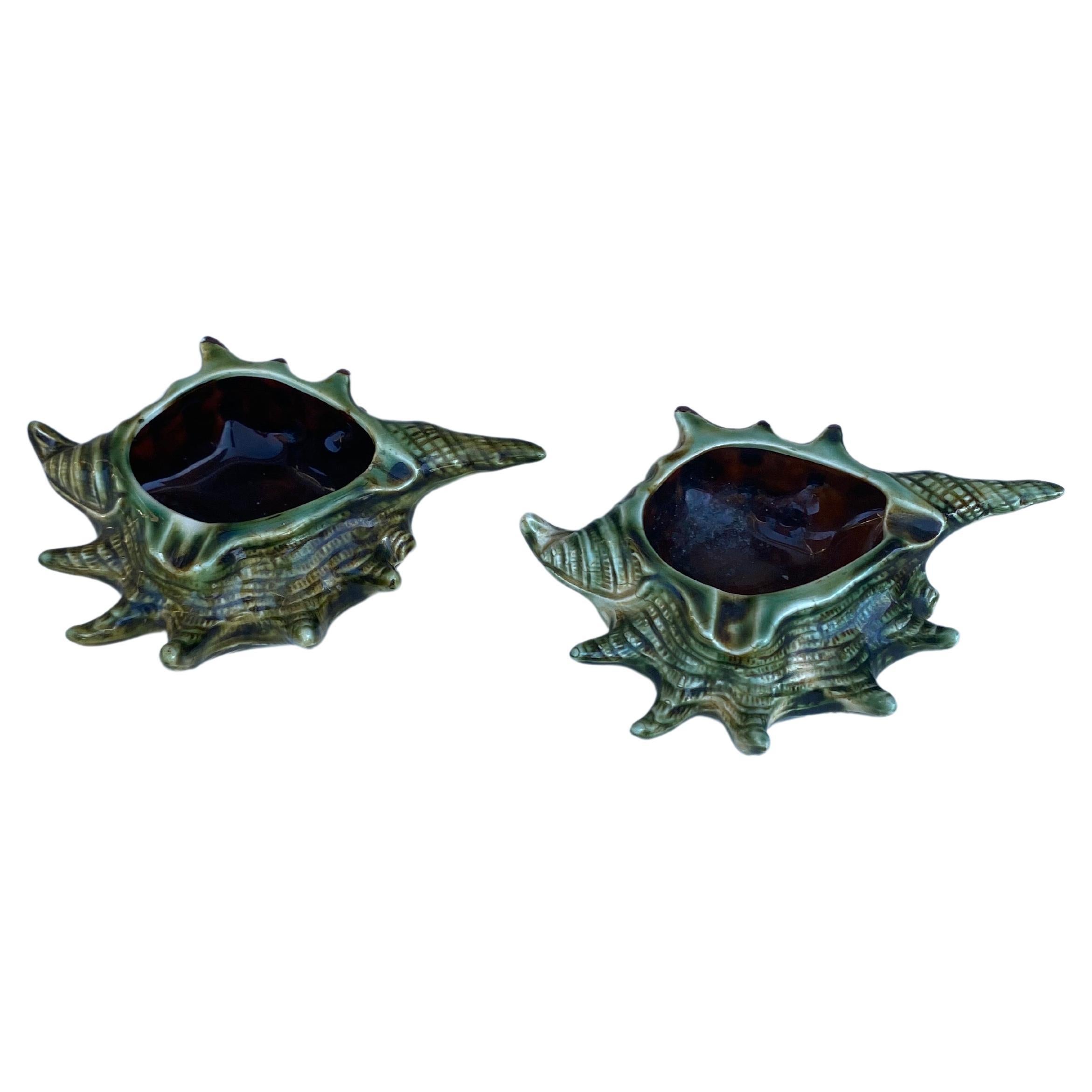 Pair of French Mid-Century Majolica Shell Catchall For Sale