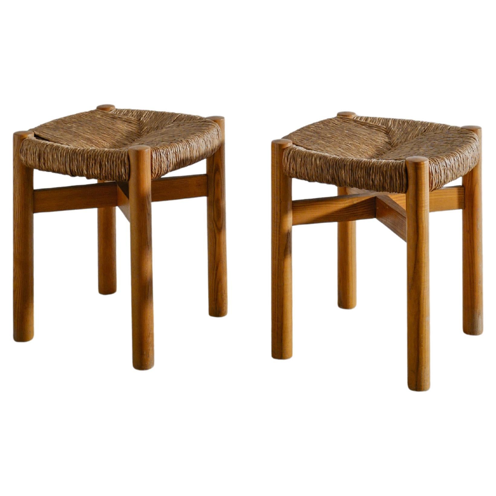 Pair of French Mid Century "Meribel" Stools in Ash & Straw by Charlotte Perriand im Angebot