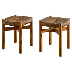 Pair of French Mid Century "Meribel" Stools in Ash & Straw by Charlotte Perriand