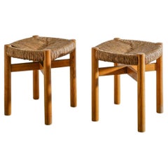 Pair of French Mid Century "Meribel" Stools in Ash & Straw by Charlotte Perriand
