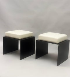 Pair of French Mid-Century Minimalist Wrought Iron & Cotton Benches / Stools