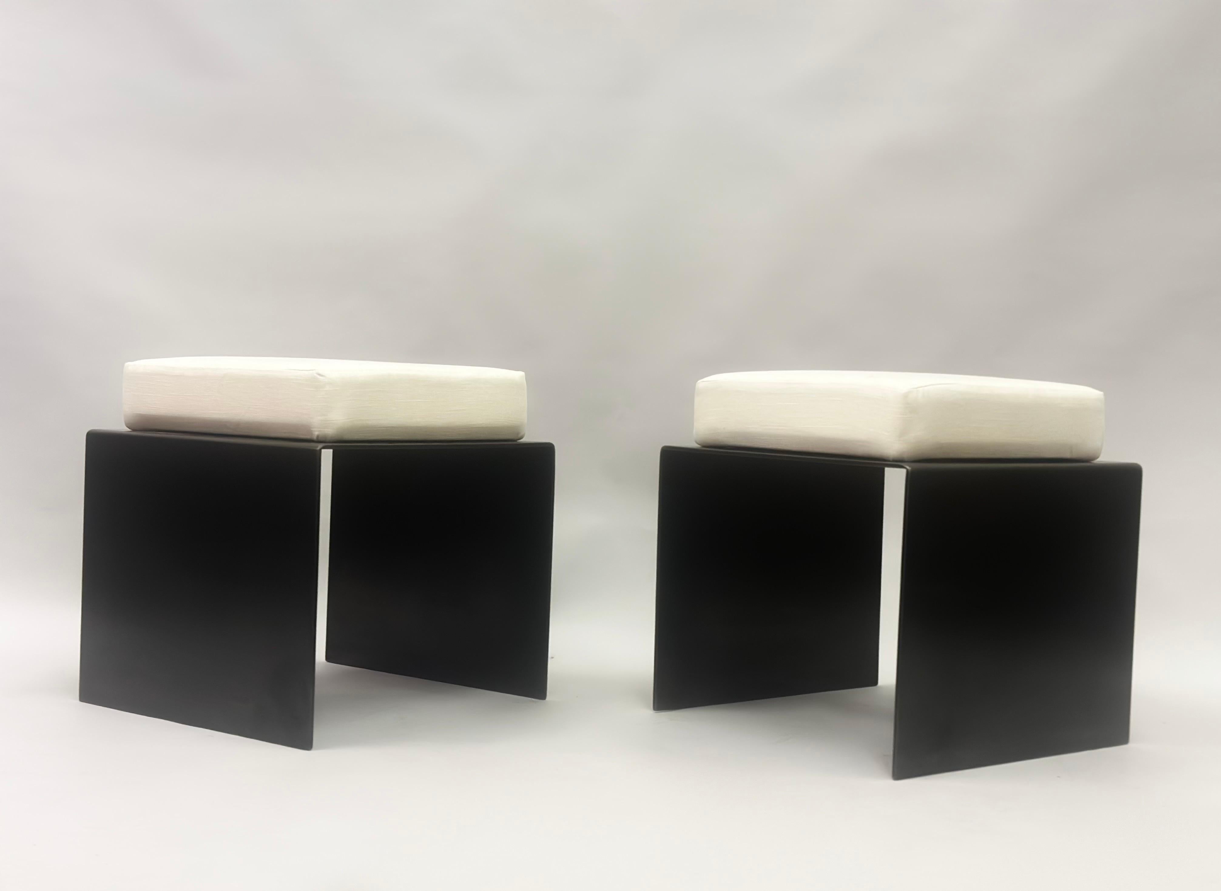 20th Century Pair of French Mid-Century Minimalist Wrought Iron & Cotton Benches / Stools For Sale