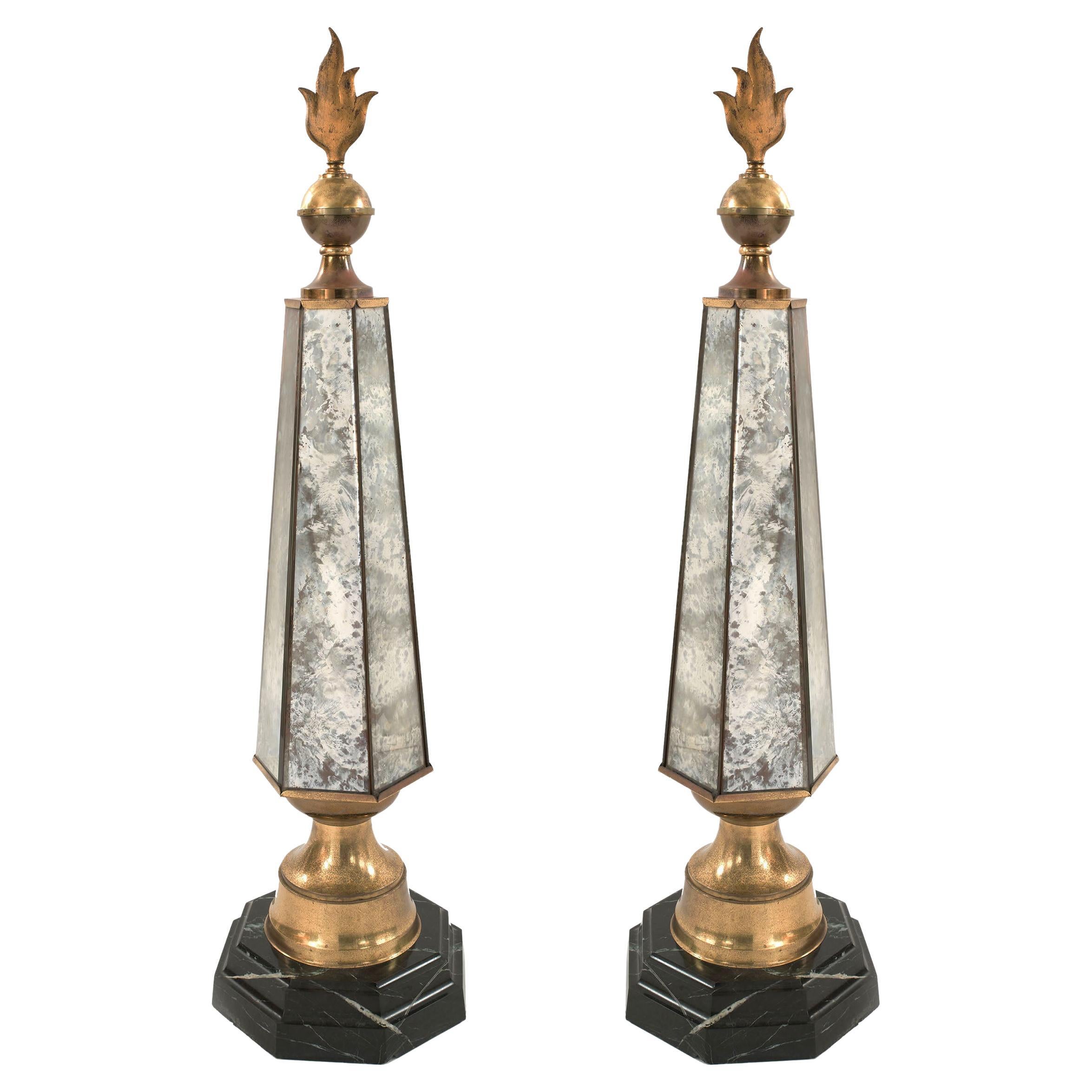 Pair of French Mid-Century Mirrored Hexagonal Obelisks For Sale