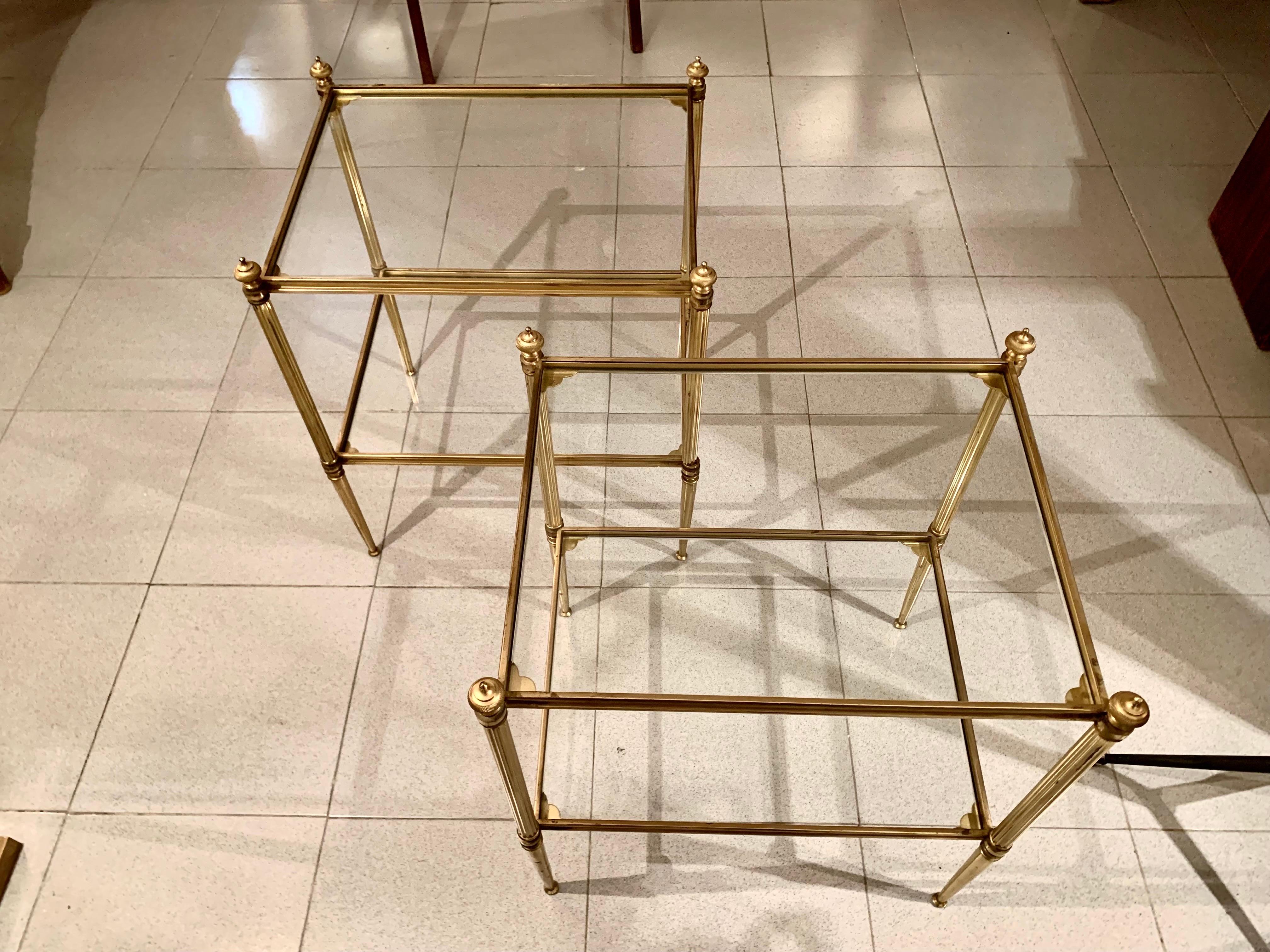 Pair of French Mid-Century Modern Brass and Glass Jansen Style Side Tables 6