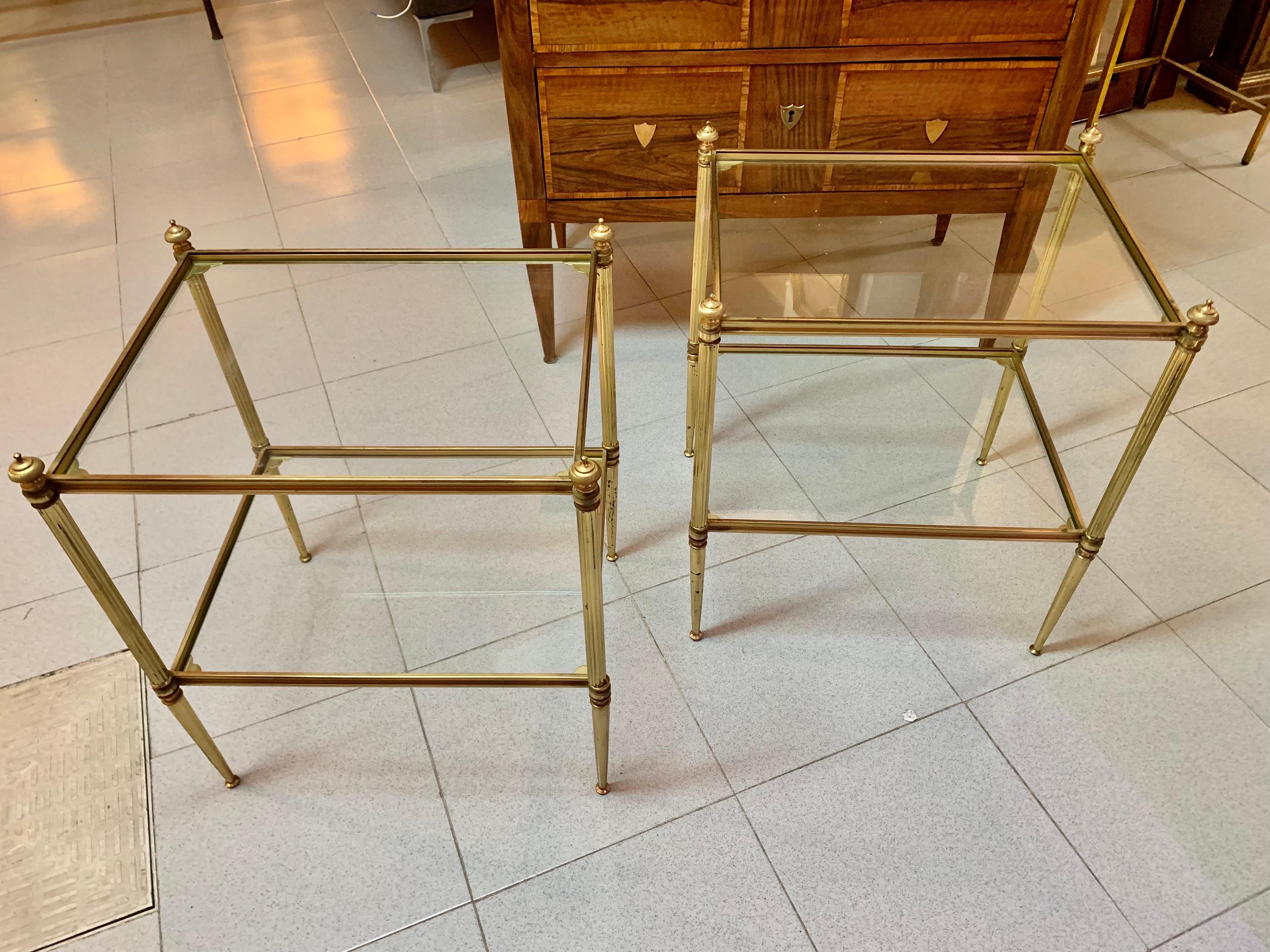 Pair of French Mid-Century Modern Brass and Glass Jansen Style Side Tables 7