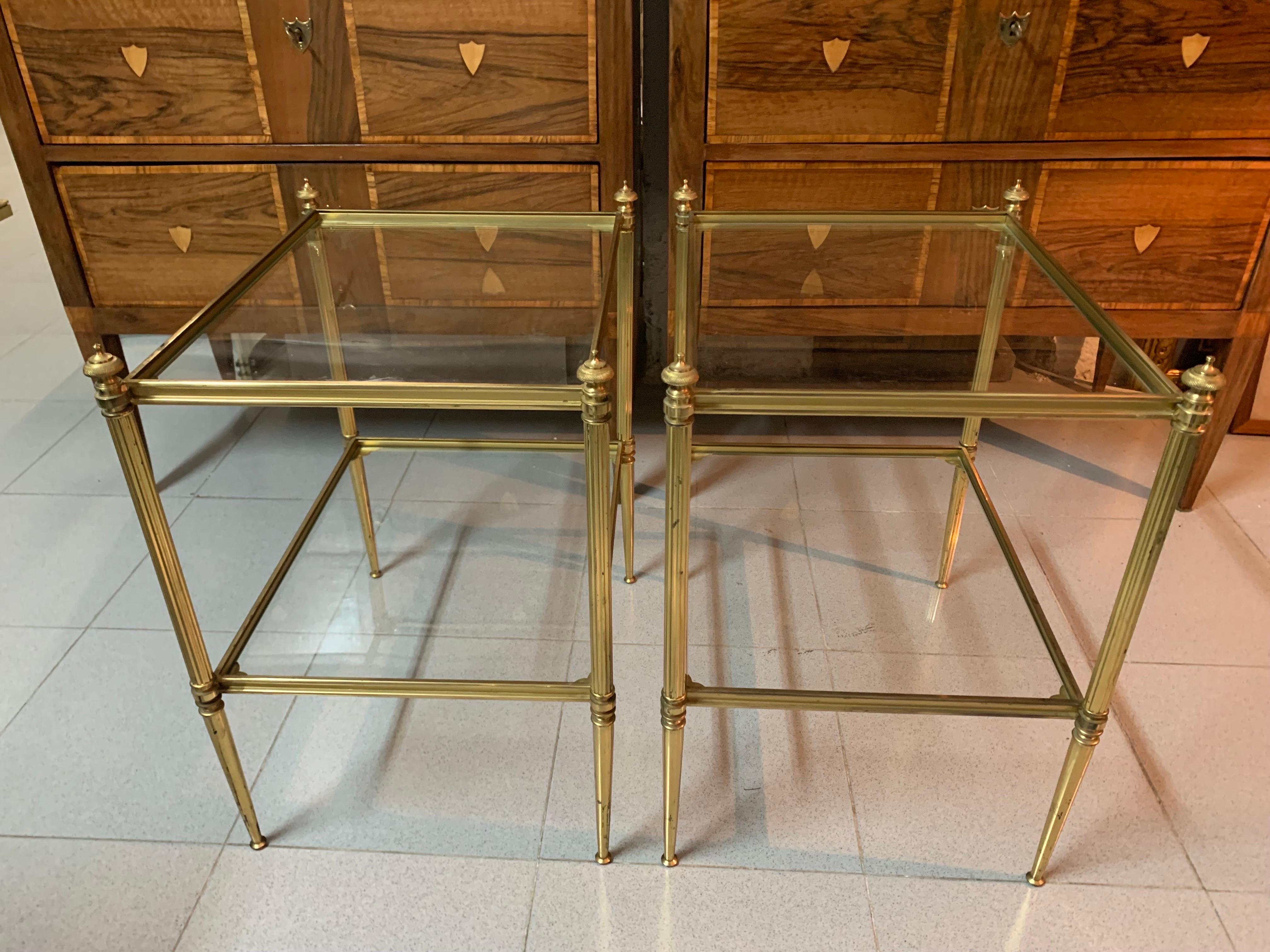 Pair of French Mid-Century Modern Brass and Glass Jansen Style Side Tables 12