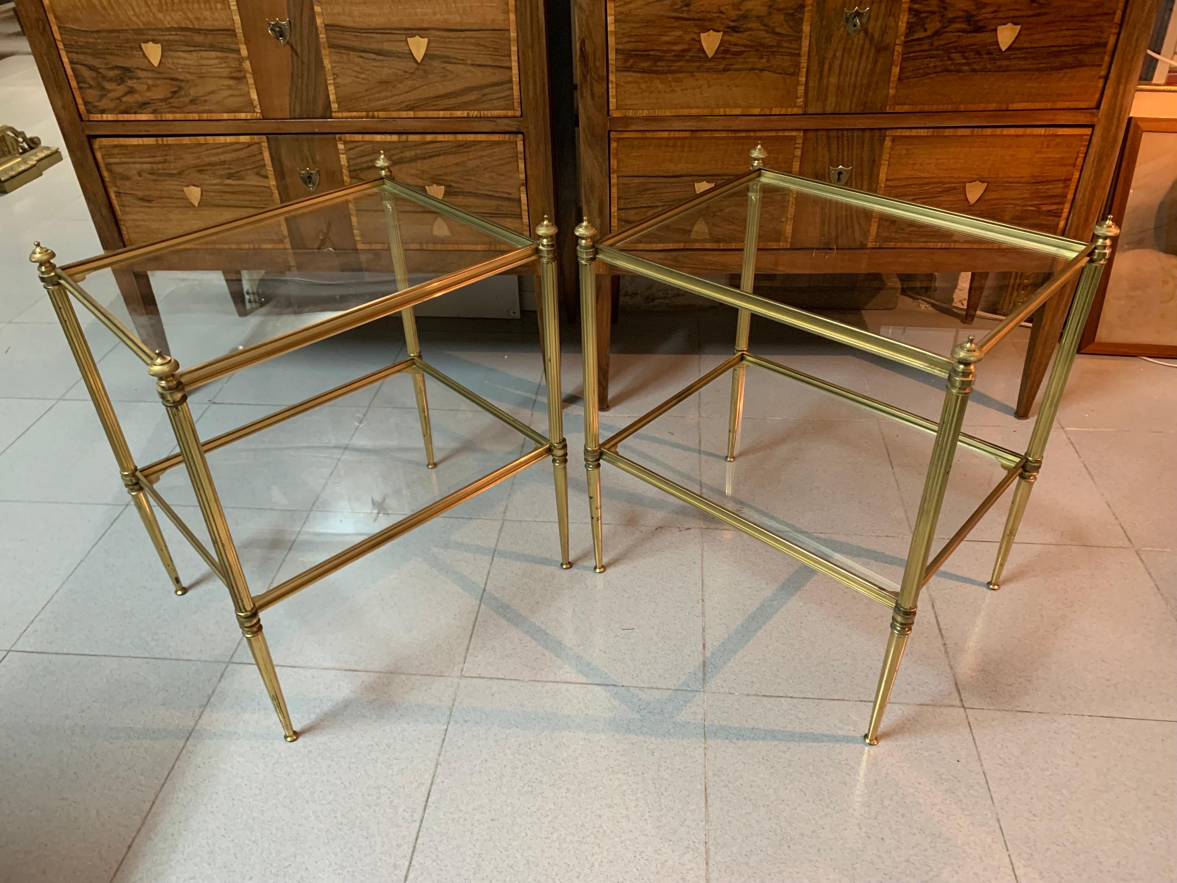 Pair of French Mid-Century Modern Brass and Glass Jansen Style Side Tables 14