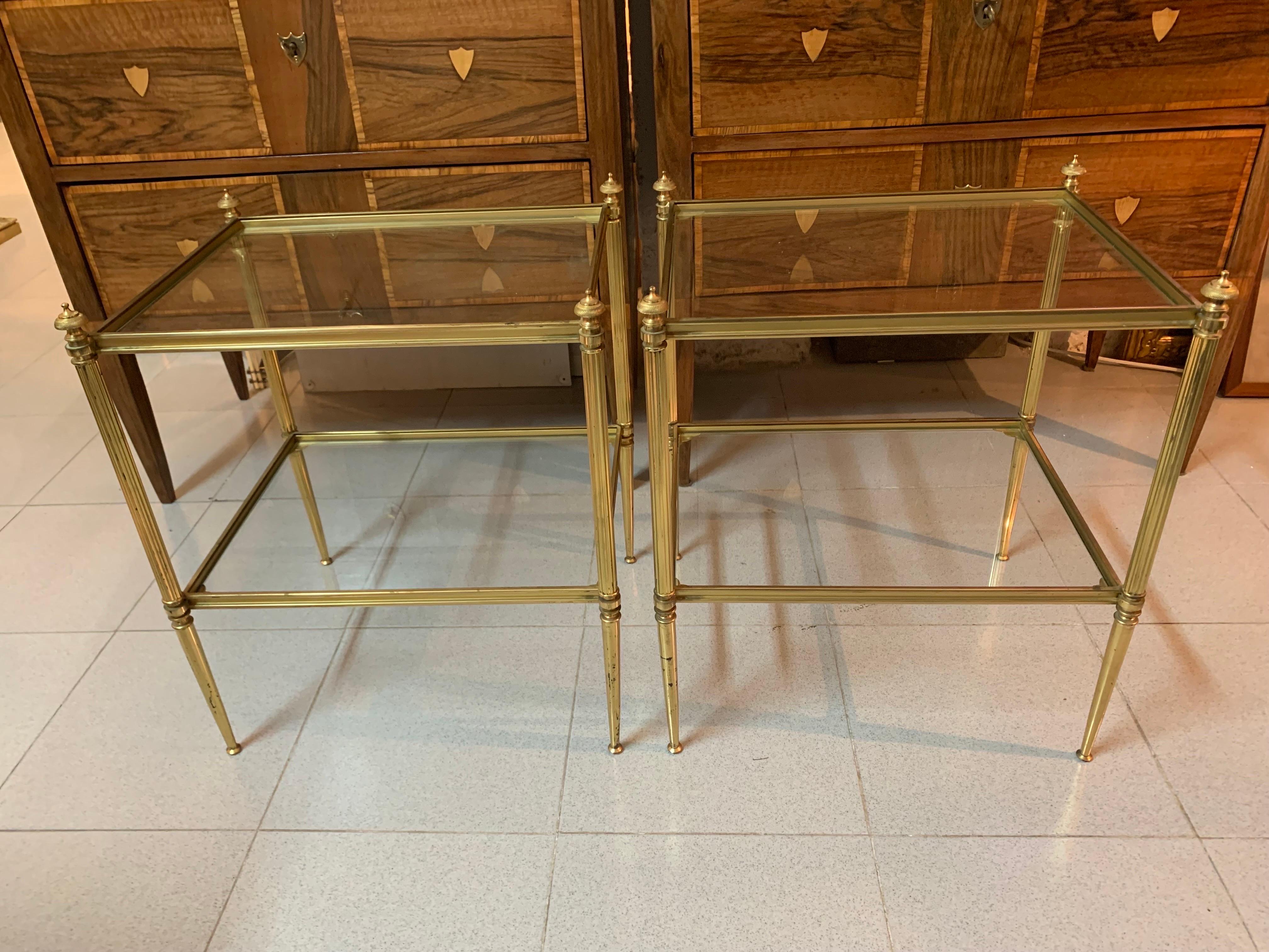Pair of French Mid-Century Modern Brass and Glass Jansen Style Side Tables 15