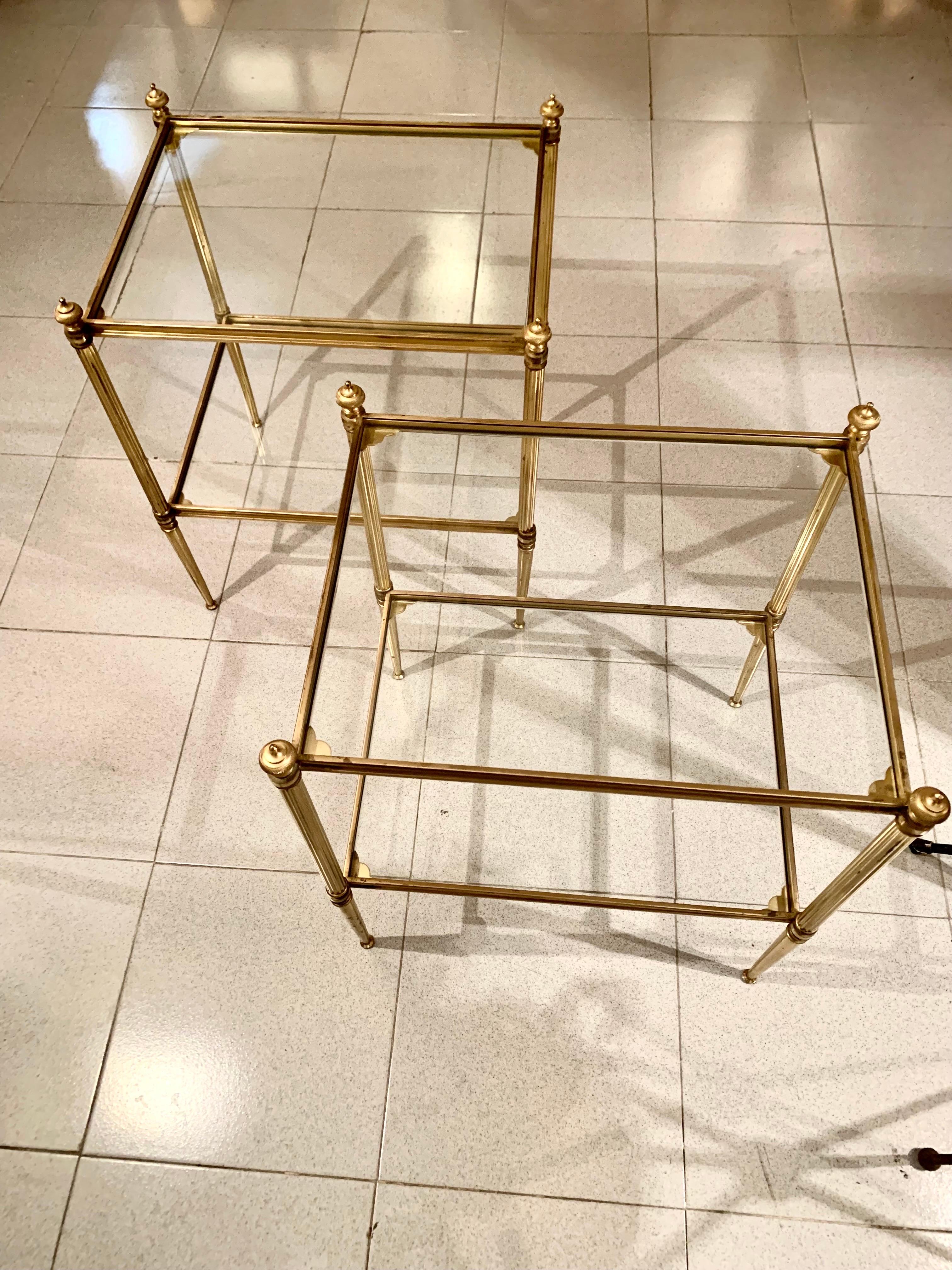 Pair of French Mid-Century Modern Brass and Glass Jansen Style Side Tables 2