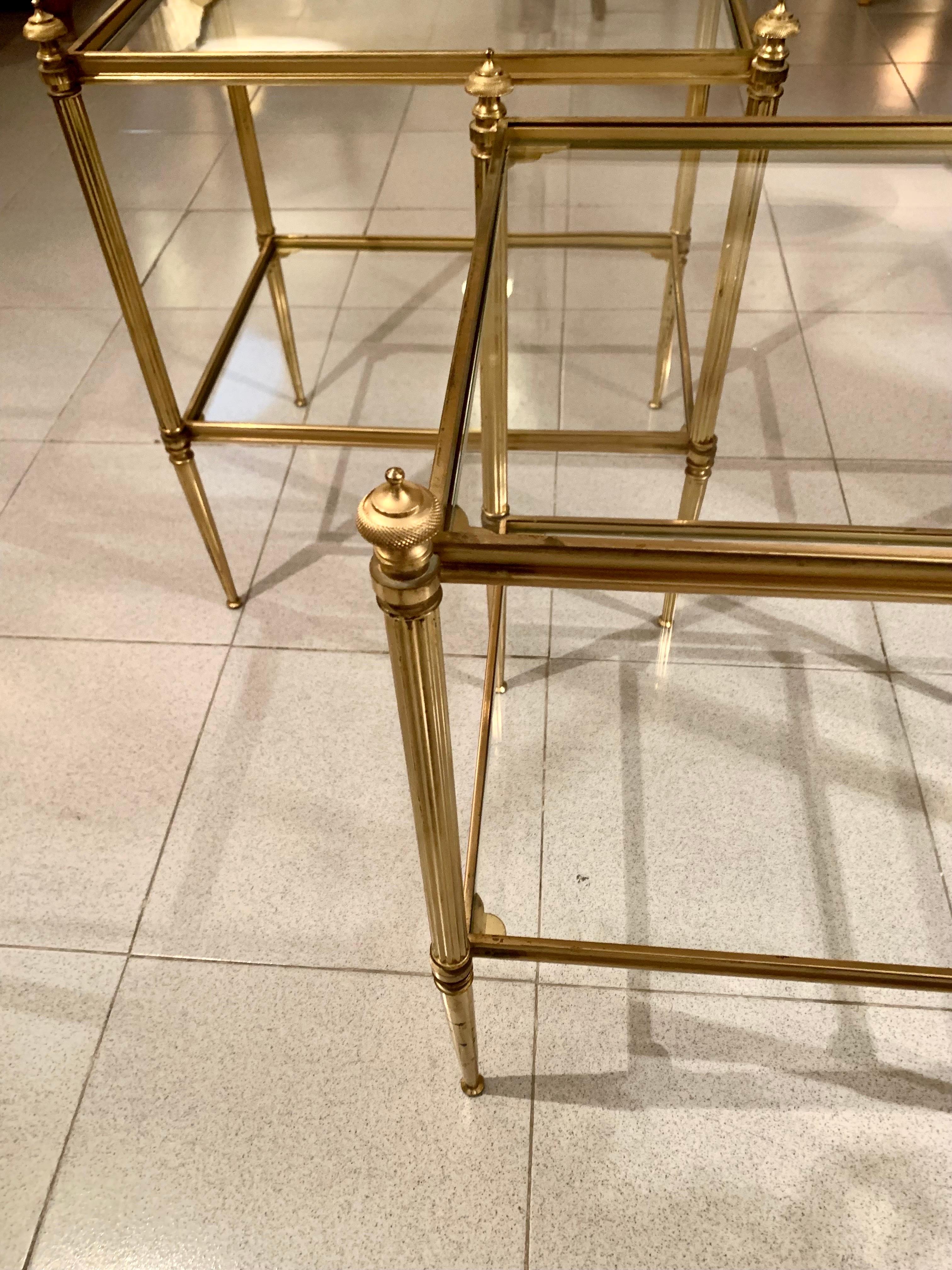Pair of French Mid-Century Modern Brass and Glass Jansen Style Side Tables 3