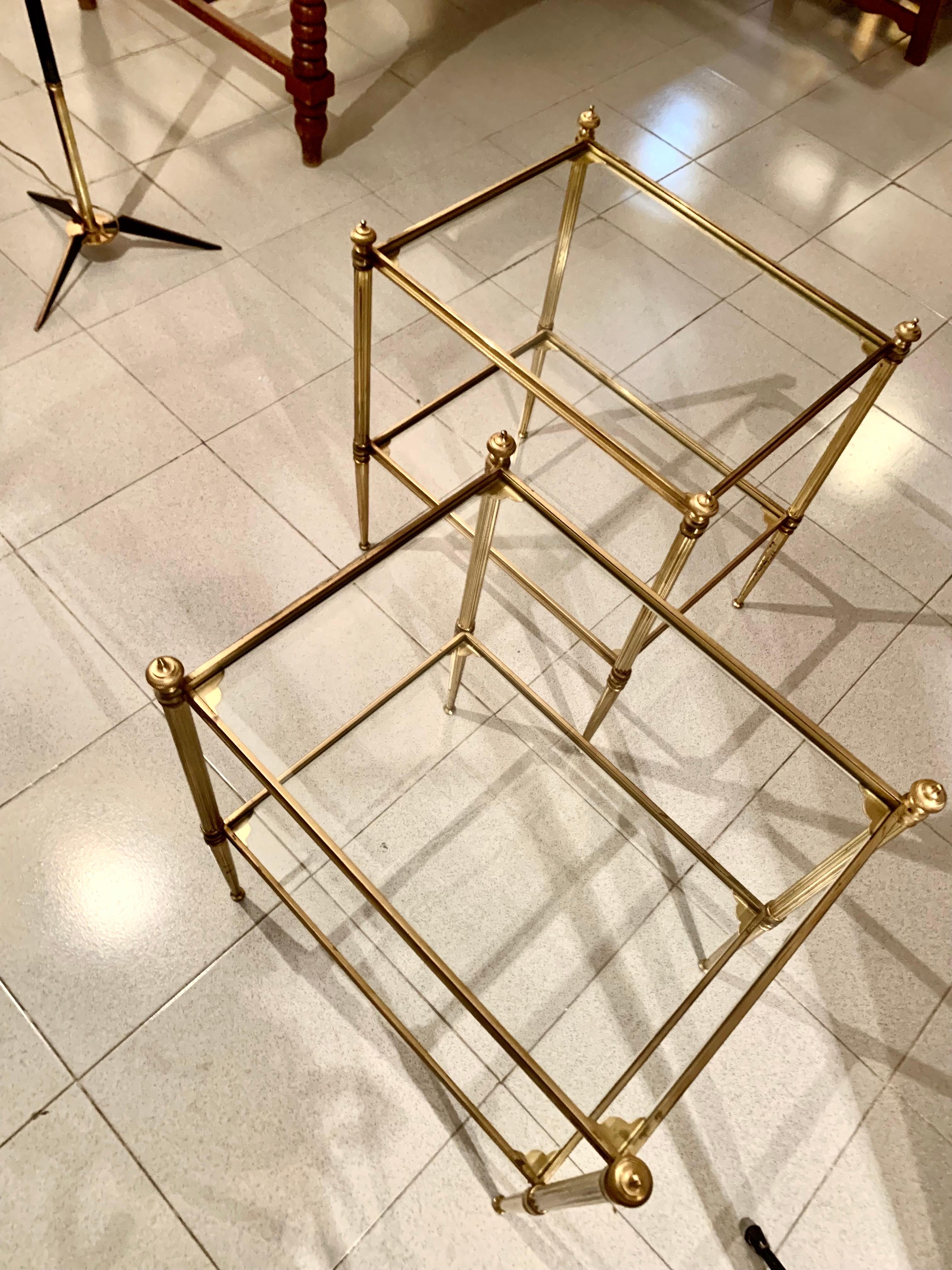 Pair of French Mid-Century Modern Brass and Glass Jansen Style Side Tables 4