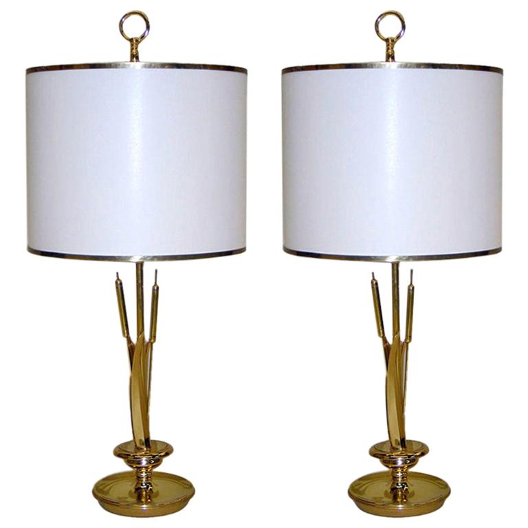 Pair of French Mid-Century Modern Brass Table Lamps Attributed to Maison Charles
