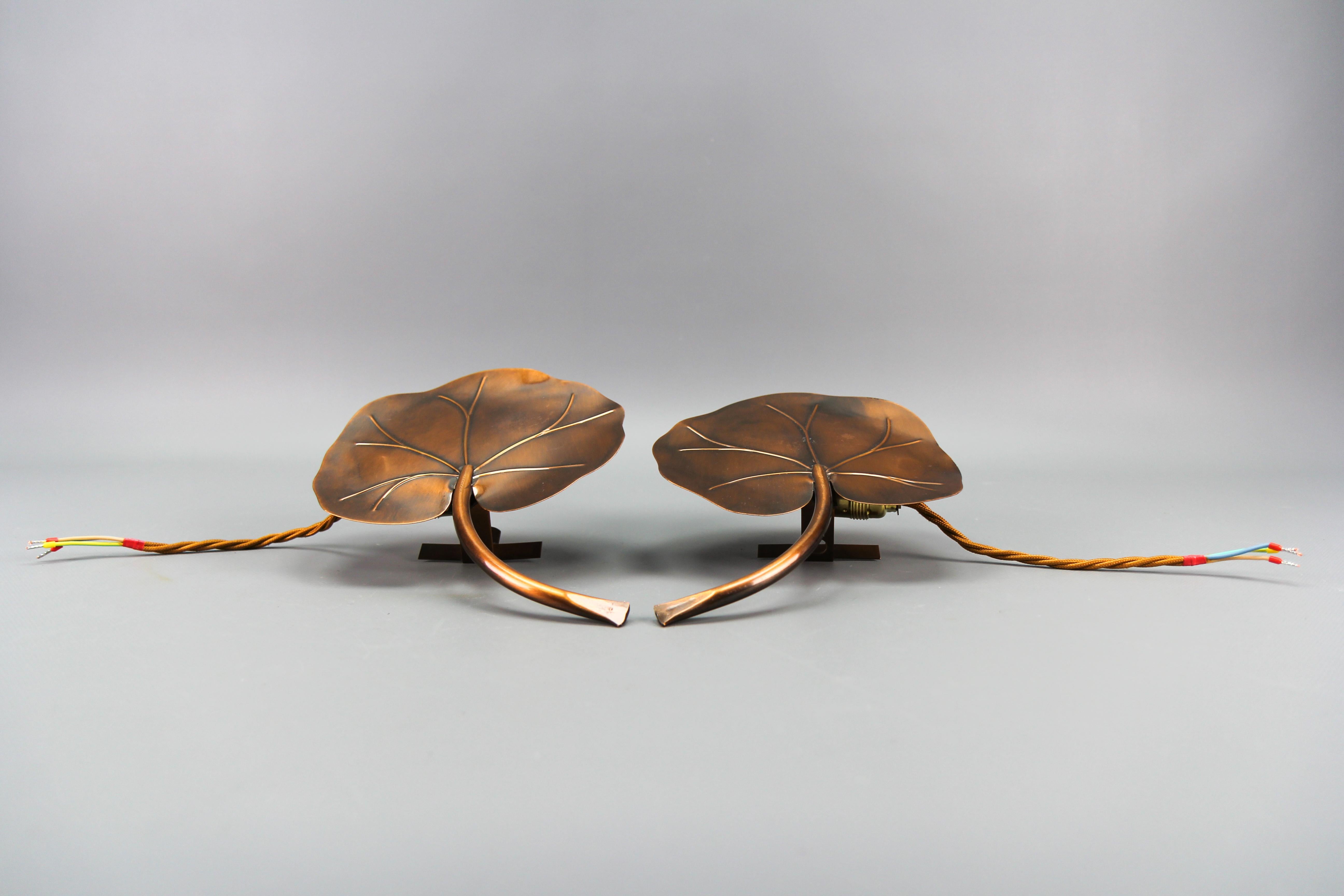Pair of French Mid-Century Modern Brass Water Lily Leaf-Shaped Sconces For Sale 10