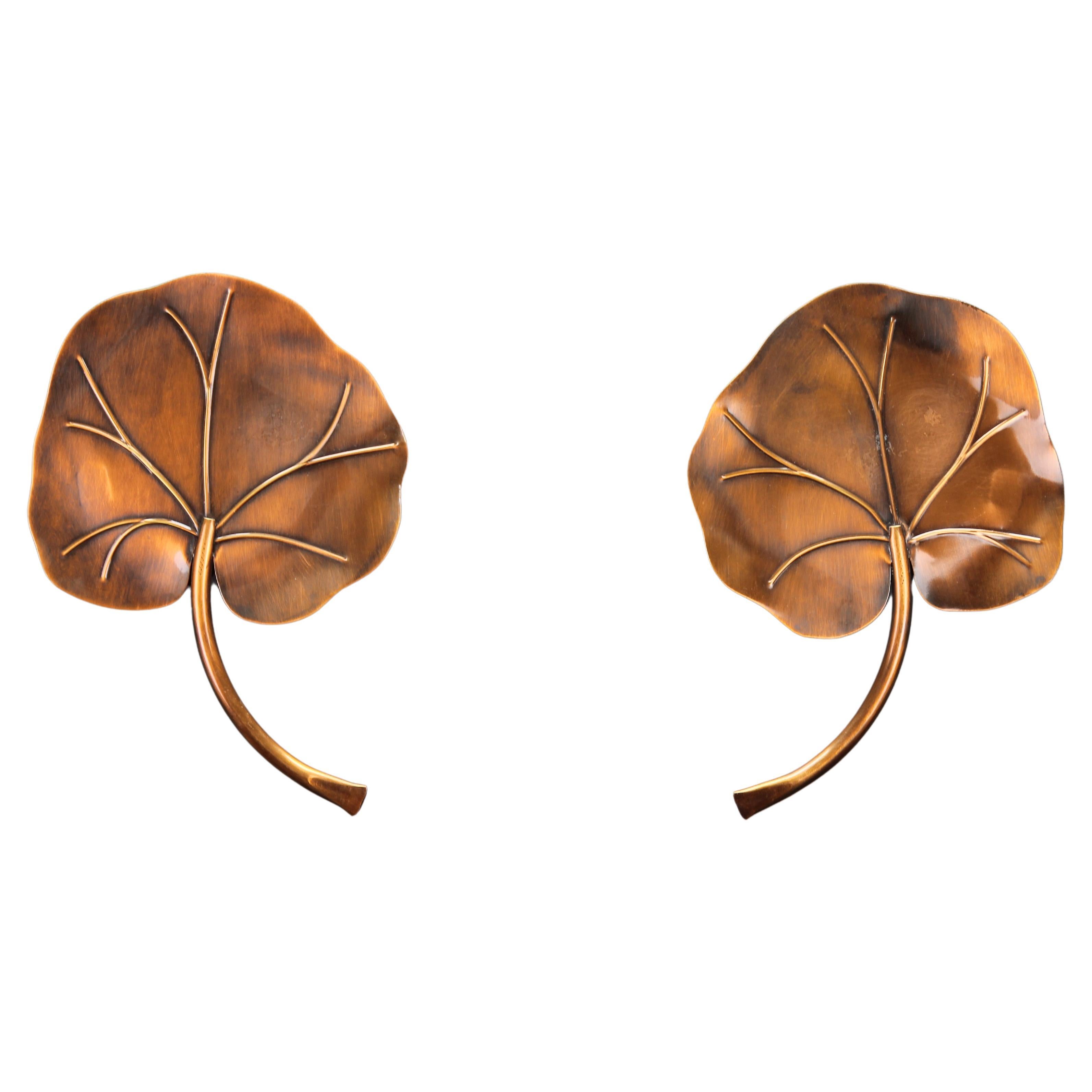 Pair of French Mid-Century Modern Brass Water Lily Leaf-Shaped Sconces For Sale