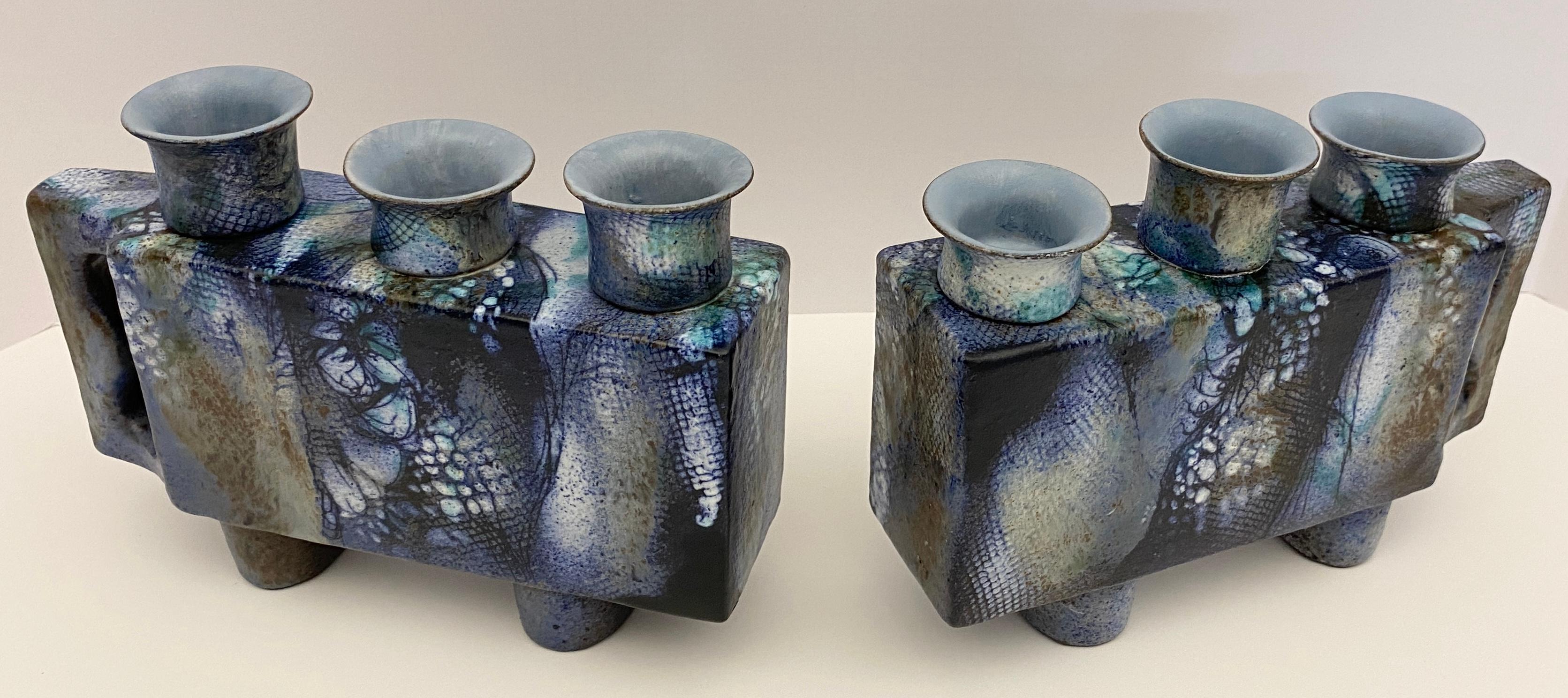 Pair of French Mid Century Modern Ceramic Candle Holders signed ONET For Sale 4