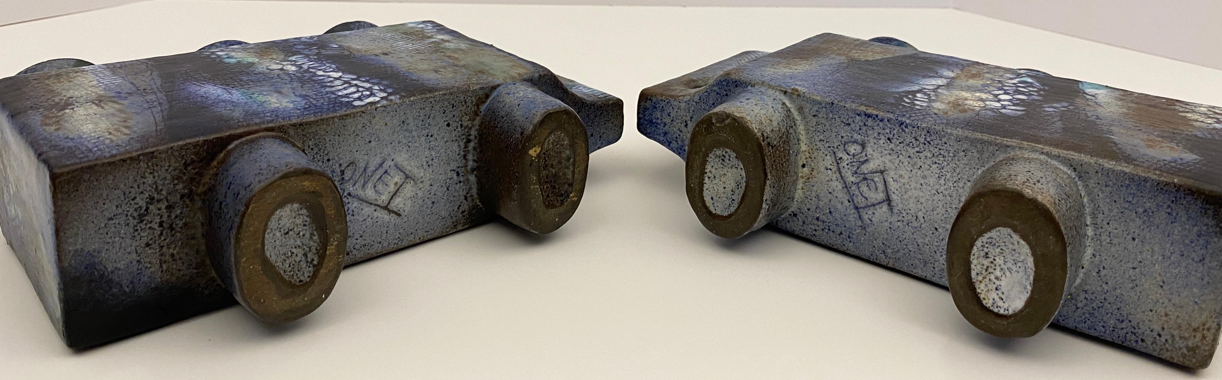 Mid-Century Modern Pair of French Mid Century Modern Ceramic Candle Holders signed ONET For Sale