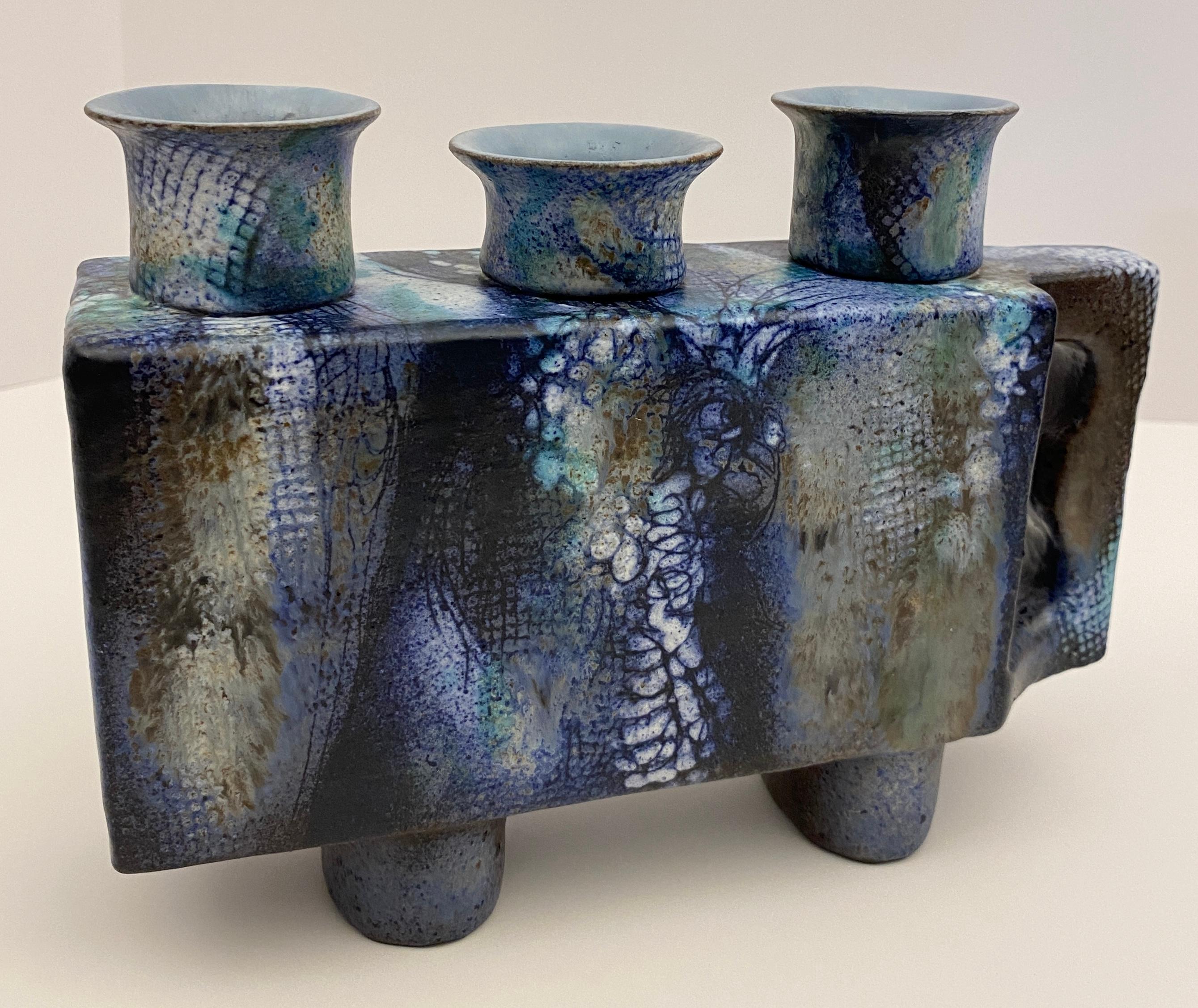 Pair of French Mid Century Modern Ceramic Candle Holders signed ONET For Sale 1