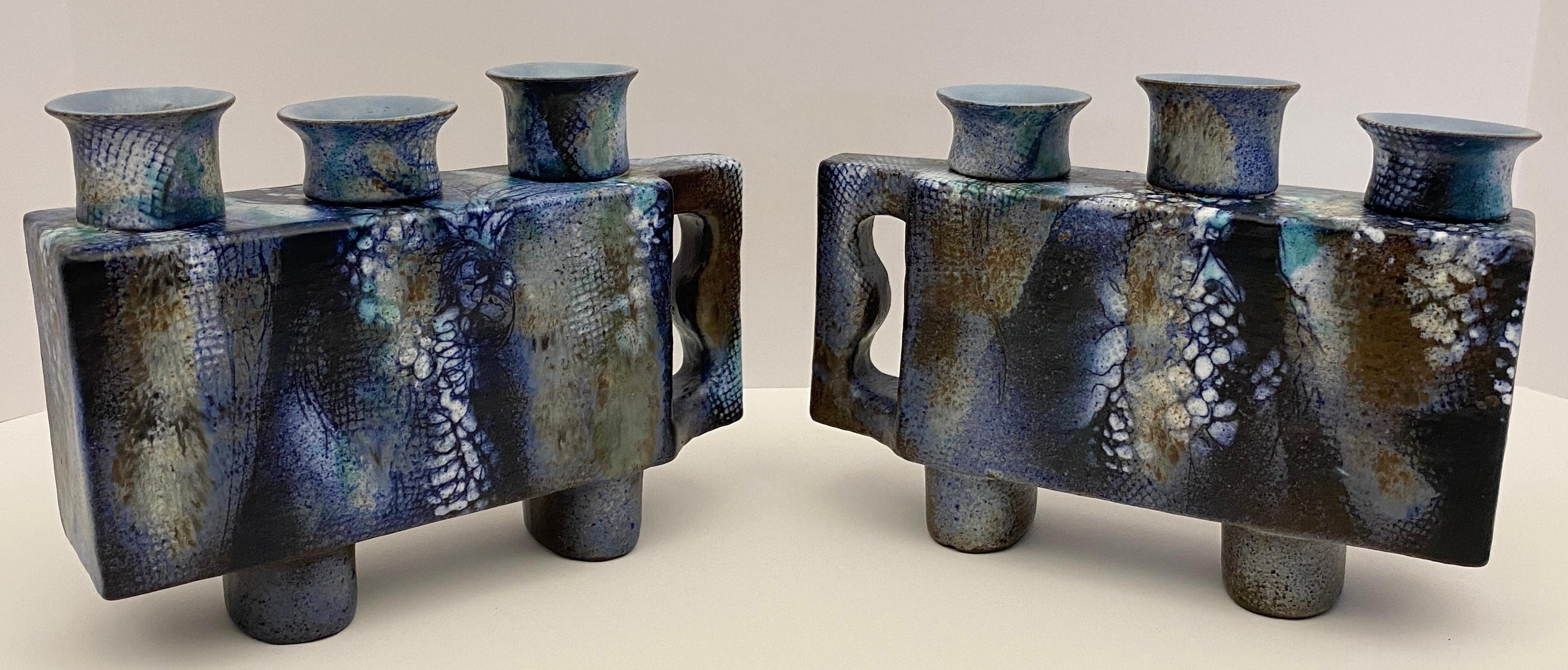 Pair of French Mid Century Modern Ceramic Candle Holders signed ONET For Sale 3