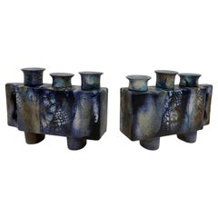 Pair of French Mid Century Modern Ceramic Candle Holders signed ONET